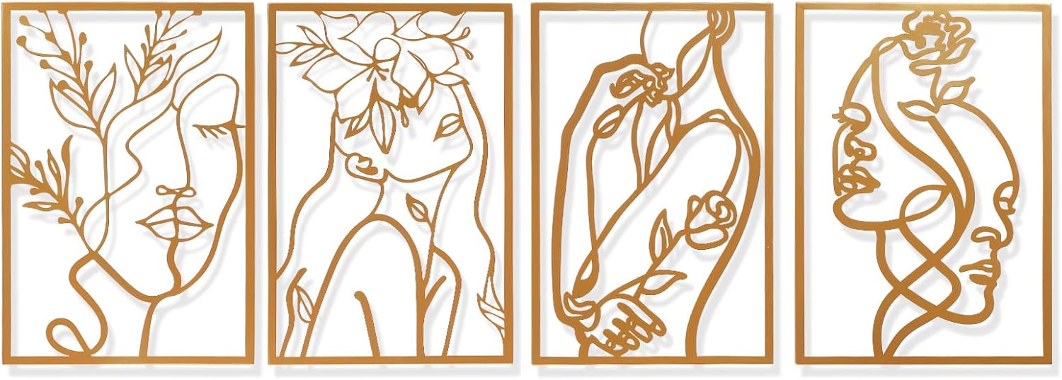 AMAATE Gold Metal Wall Art, 4 Pieces Minimalist Woman Face Line Art Sculpture, Hollowed Out Floral Female Portrait Metal Hanging Decor for Living Room Bedroom Bathroom 17.7" X 26.4" in