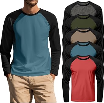 August Alley 5 Pack Mens Long Sleeve Baseball Shirts | Crew Neck Baseball Tops, Raglan Long Sleeve Shirts, Athletic Casual Tees, Color Block Workout Daily Wear Multipack T Shirts