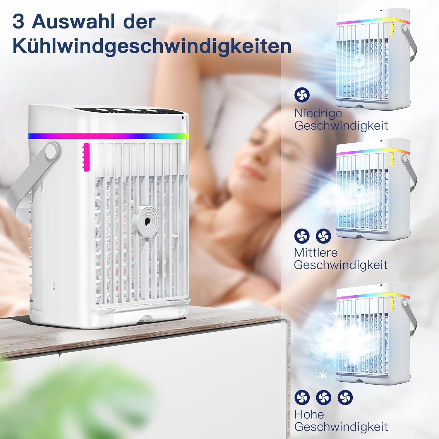 Mobile Klimaanlage, 4 in 1 Mini Klimaanlage mit Kühlen Nebel, Klimaanlage Mobil, klimagerät ohne abluftschlauch, Klimaanlage mobil mini mit 3 Stufen & 7 Farben Nachtlicht für Zuhause/Büro