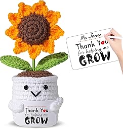 Teacher Appreciation Gifts for Women - Handmade Crochet Sunflower Pot with “Thank You for Helping Me Grow” Personalized Card, Graduation End of Year Teacher Retirement Gift, Thank You Gifts for Women