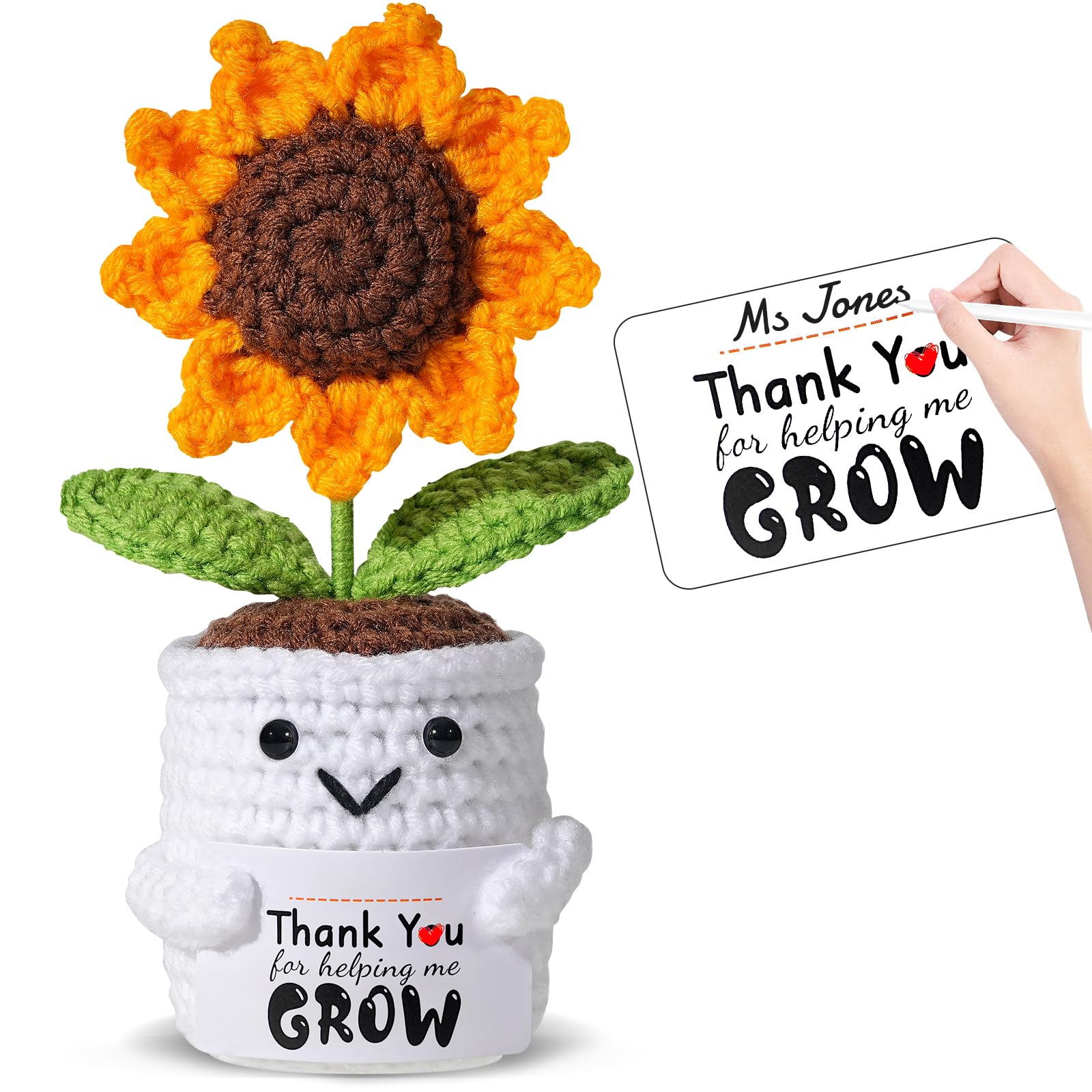 Handmade Crochet Sunflower Pot– Teacher Appreciation Gifts for Women with “Thank You for Helping Me Grow” Personalized Card, End of Year Thank You Teacher Gifts for Women, Desk Decor or Keepsake