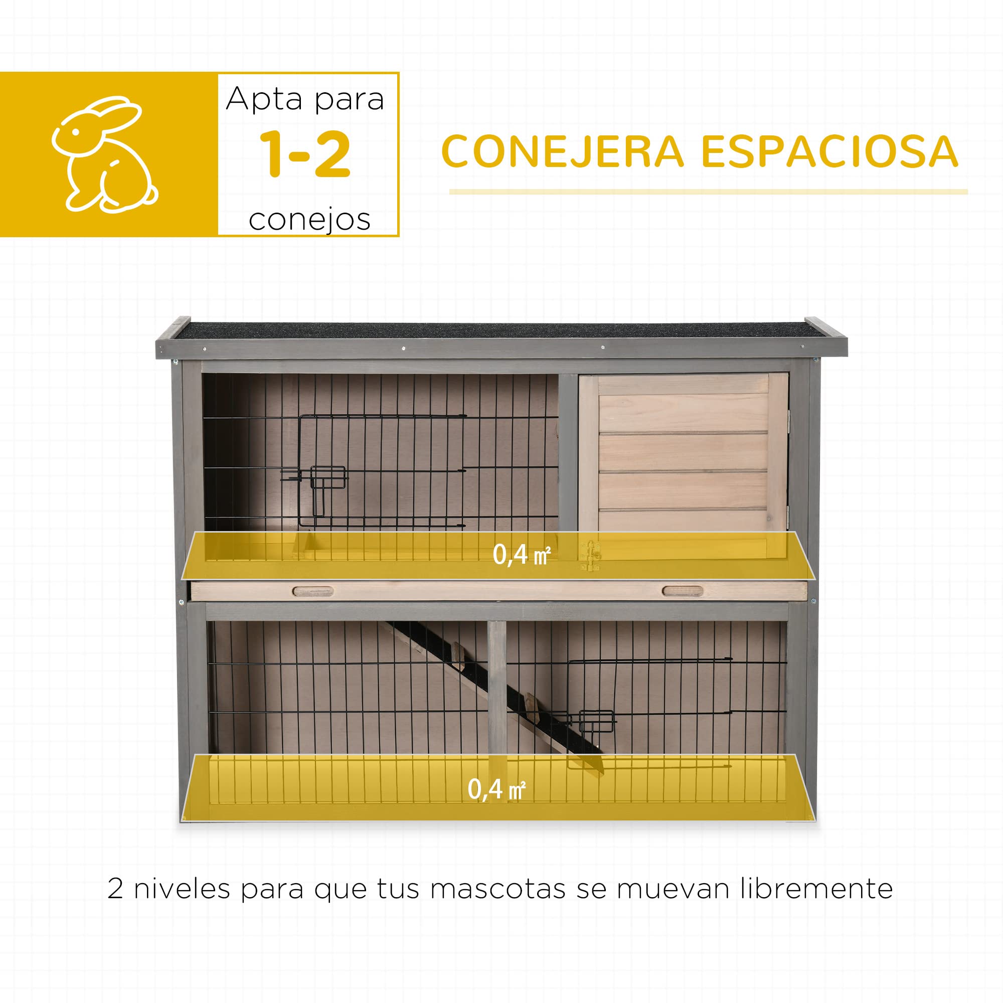 PawHut Conejera de Madera Exterior 108x45x78 cm Jaula para 2 Conejos con Corral Metálico 2 Puertas con Pestillos Techo Asfáltico Abrible Bandeja Extraíble Rampa Gris