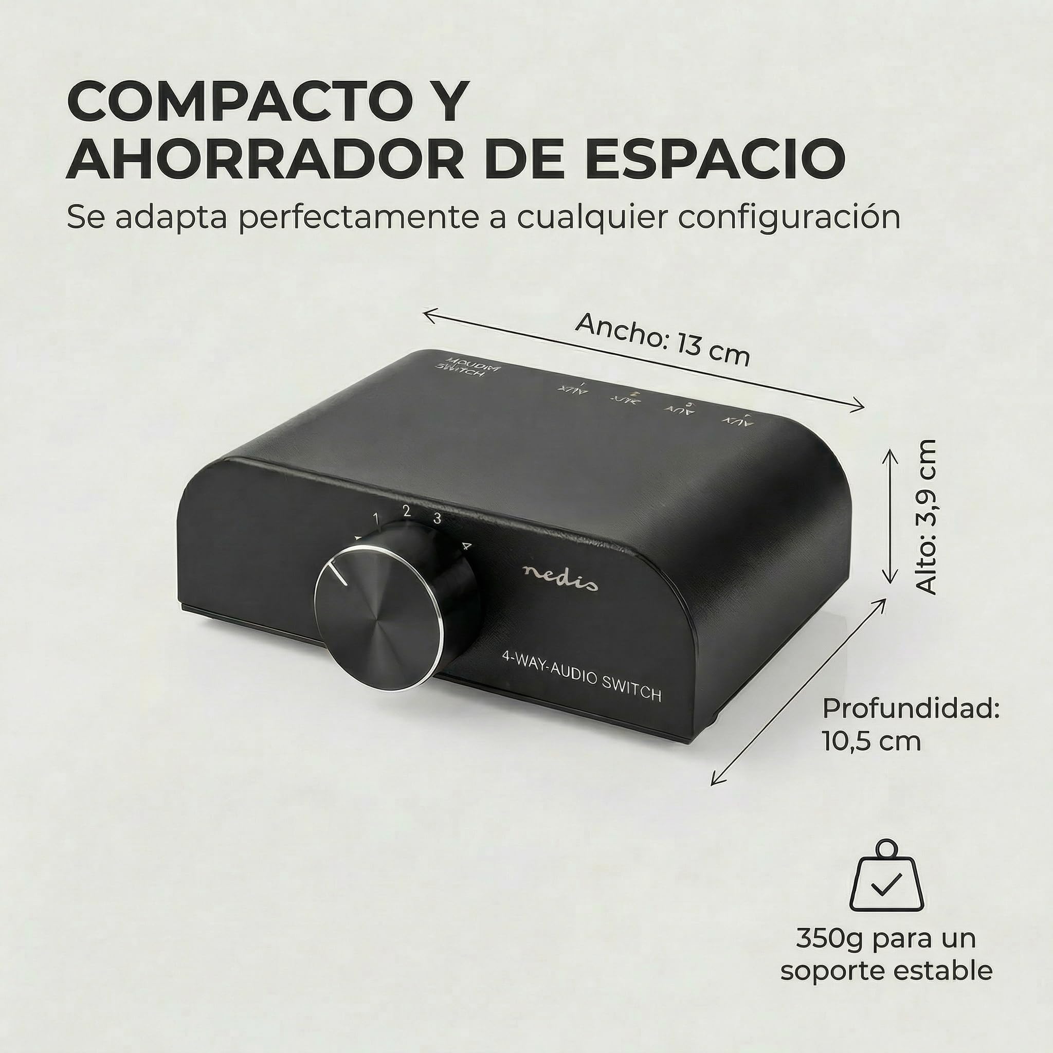 Nedis Interruptor de Audio analógico, Puerto de 4 Puertos, Conexiones, Entrada: 1 Entrada de Audio de 3,5 mm / 3 x (2 Conectores RCA Hembra), Conexiones, Salida: 1 x (2 Conectores RCA) | Manual |