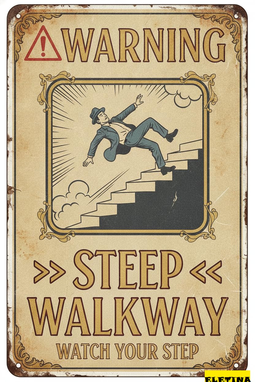 Warning Steep Watch Your Step Tin Sign, 8x12 Inch Art