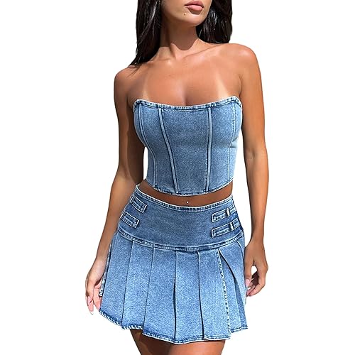 TRURENDI Women's 2 Piece Jeans Outfit Summer Spaghetti Straps Sleeveless Denim Tank Crop Top Shorts Set Jumpsuit