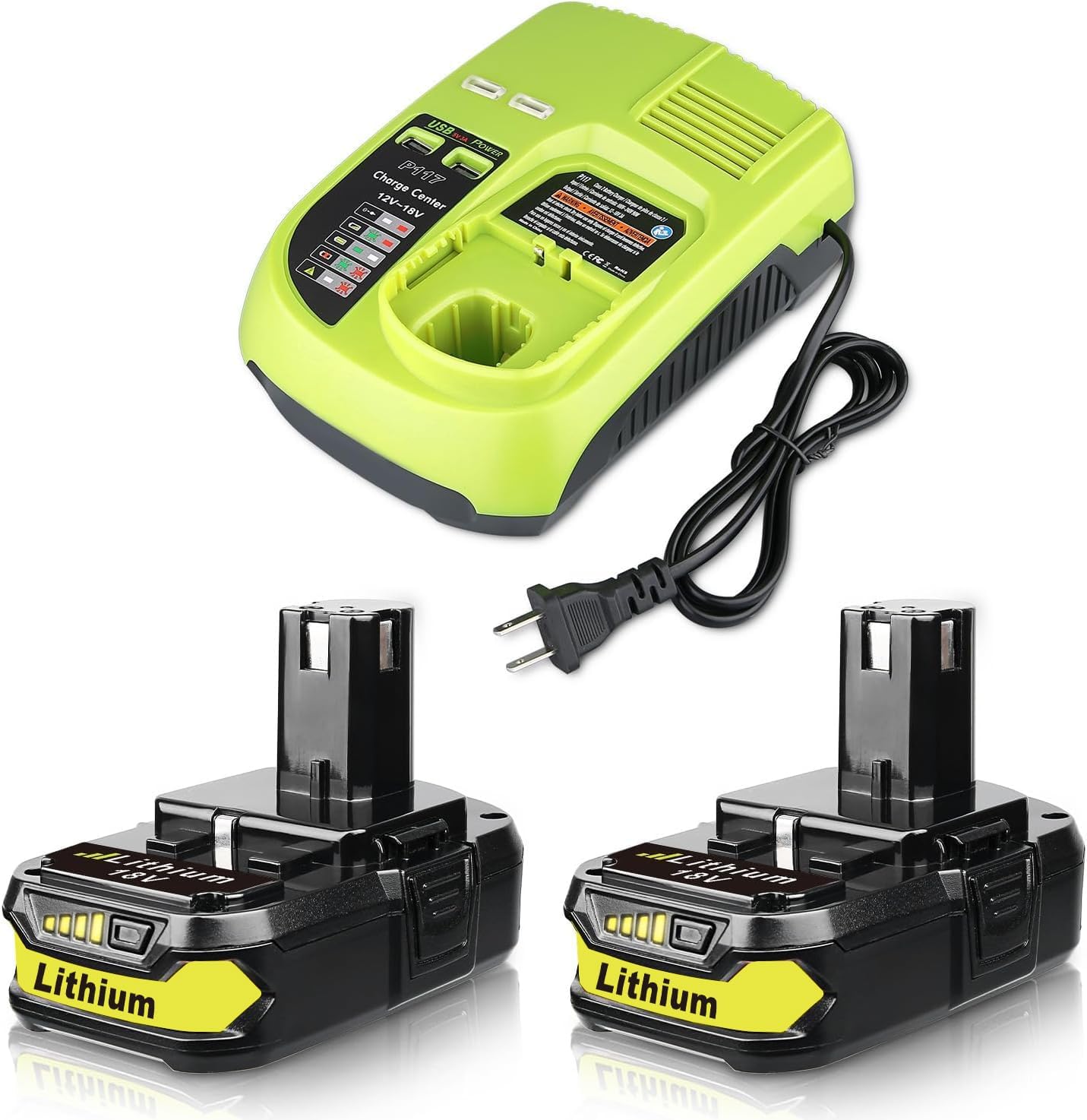 VINIDA 3.6Ah 2Pack Replacement for Ryobi 18V Battery and Charger P117B with USB Compatible with Ryobi 18v Battery P108 P103 P104 P105 P107 P109 P122 Power Tools & Charger