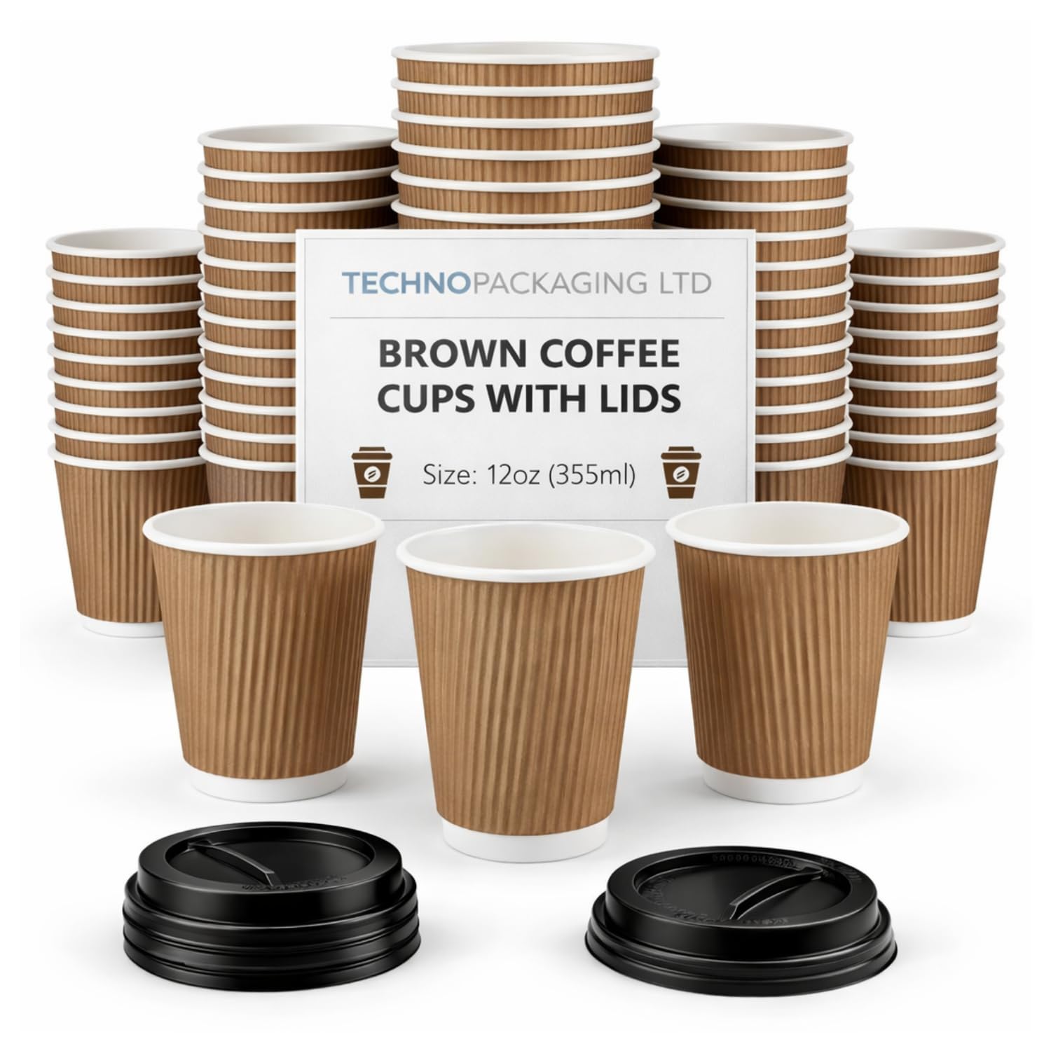 12 oz Brown Disposable Kraft Paper Ripple Cups with Lids - Pack of 100 Insulated Triple Wall Takeaway Drinking Cup - Great for Coffee, Tea, and Hot Drinks - Reusable, Leak Proof Travel or Office Cups