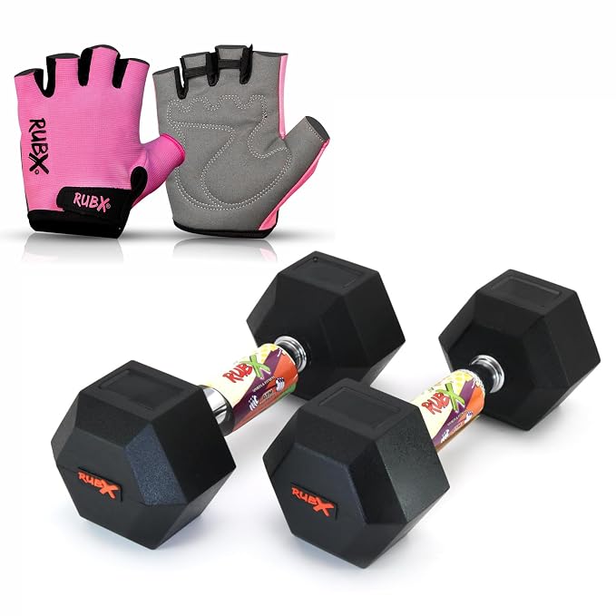 RUBX Rubber Coated Professional Exercise Hex Dumbbells (2.5 Kg x 2pc (Total = 5 kg + Pink/Grey Gloves))