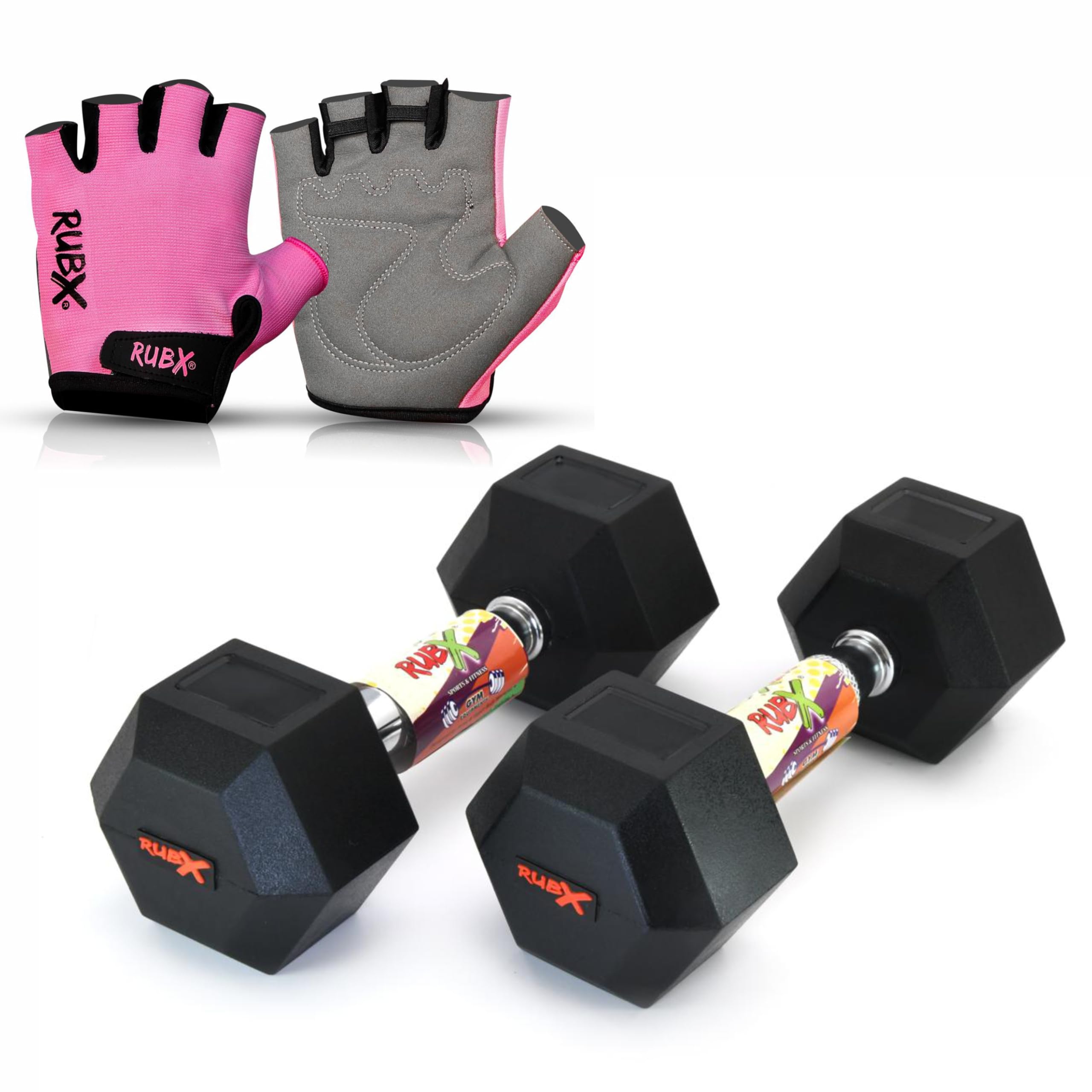 RUBX Rubber Coated Professional Exercise Hex Dumbbells (2.5 Kg x 2pc (Total = 5 kg + Pink/Grey Gloves))