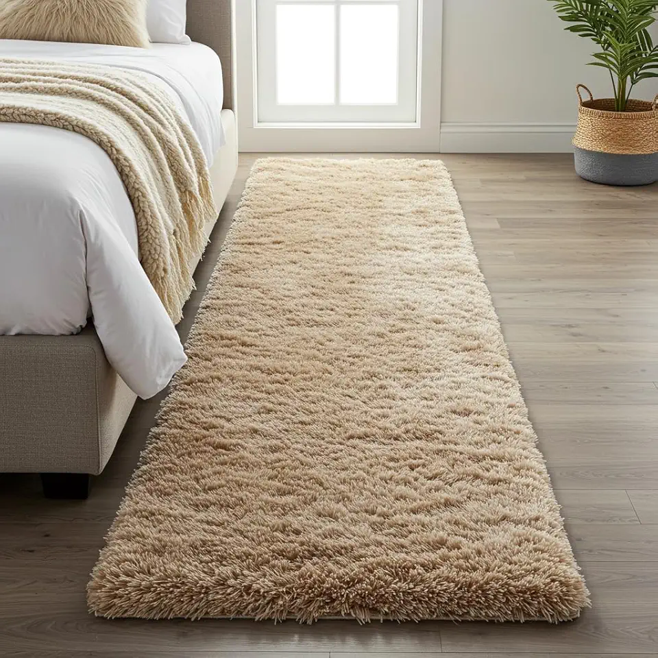 Tapete Passadeira Peludo 2,00 × 0,60 m – Shaggy Super Peludo Felpudo, Antiderrapante, Antialérgico, 100 % Poliéster, Alta Maciez para Quarto, Sala, Corredor (Bege)