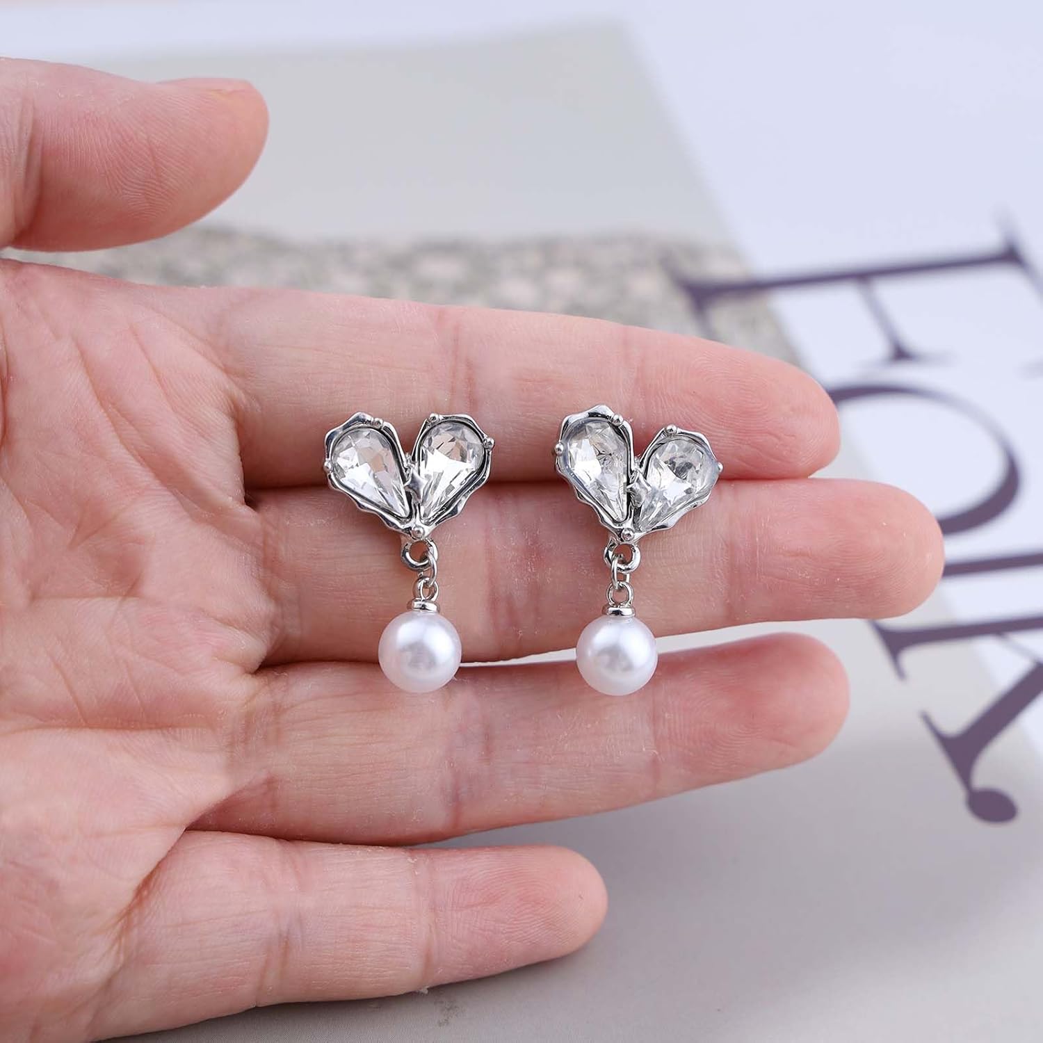 Boho Heart Pearl Drop Earrings Silver Crystal Heart Earrings Cz Heart Stud Earrings Rhinestone Heart Stud Earrings Bridal Pearl Drop Earrings Jewelry for Women - Image 4