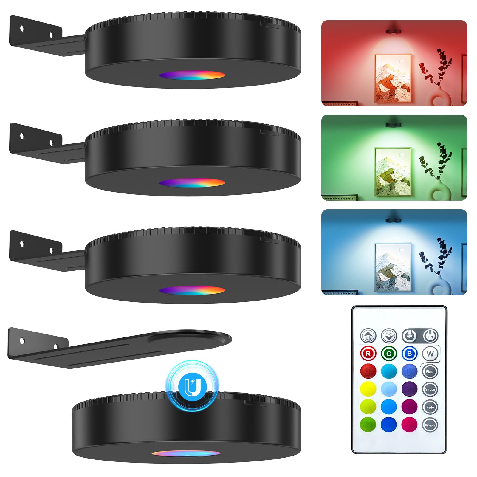 BASON LIGHTING 4Pcs Picture Light Battery Operated, Magnetic Led Painting Light with Remote, 16 Color Changing Art Display Light for Picture Frame Paintings, Wireless Wall Decor Puck Lights.