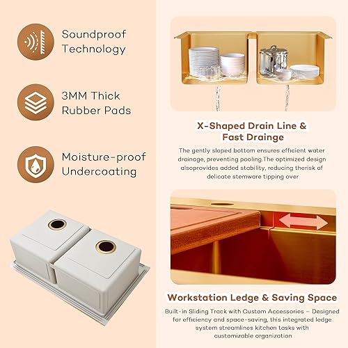 Vista 132 de LQS Fregadero de cocina dorado de 31 pulgadas, fregadero de cocina de acero inoxidable 50/50 de 31 x 18 pulgadas, fregadero de cocina de acero