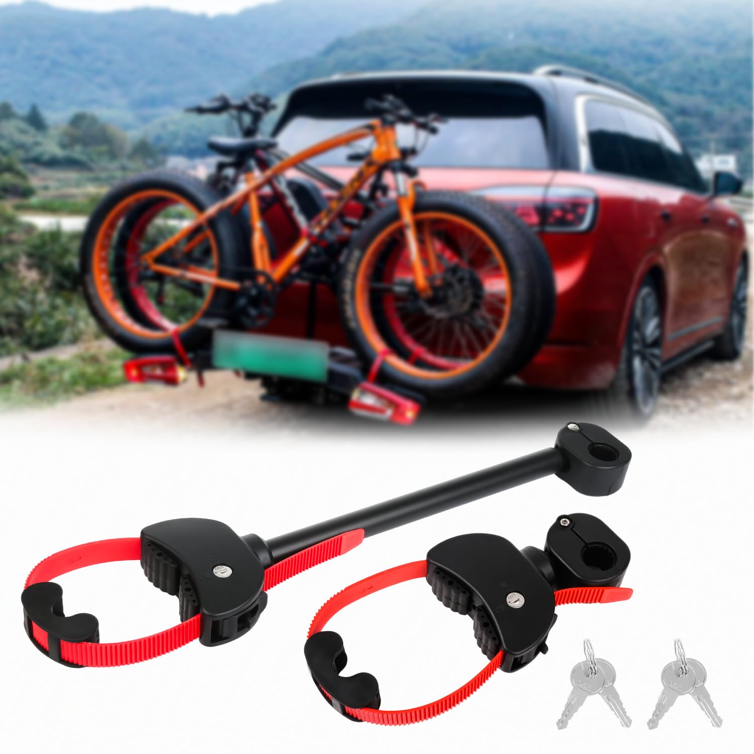 TEOV 2 Stück Rahmenhalter für Fahrradträger Länge 12CM+38CM, Verstellbarer Strap-Rahmenhalter für E-Bike mit Verriegelung, für Ø 2.5-3 cm U-Bügelrohr (Schwarz+Rot)