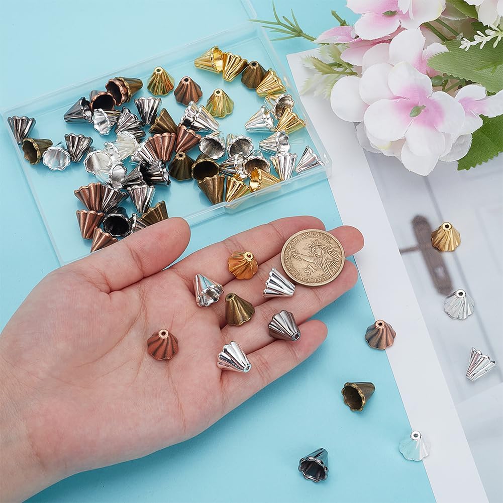PH PandaHall 70pcs Cone Bead Caps Alloy Bead Caps, 7 Colors Tibetan Style Alloy Flower Cap Spacer Bead Tassel Ends Cap for Bracelet Necklace Earring Jewelry Making DIY Crafts, 13x12mm