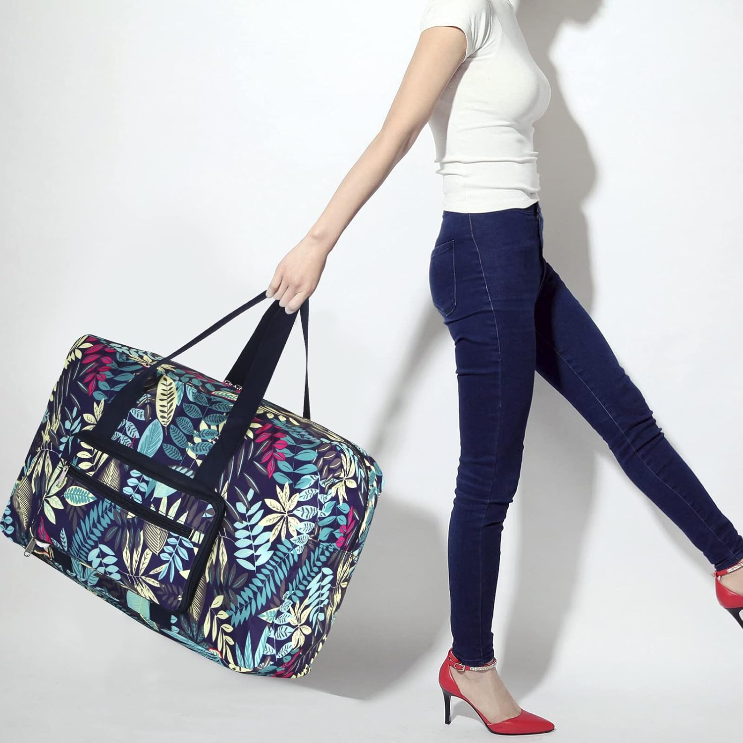 F.FETIVIN Weekender Bag Carry On Travel Duffle Medium Overnight Bag for Women (Blue Leaf) - Image 4