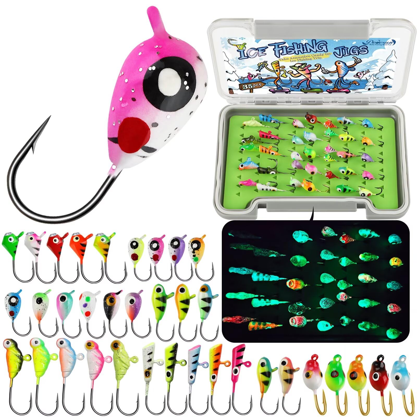 Dovesun Ice Fishing Jigs Kit Glow in The Dark Fishing Gear Lures 35 Pcs Ice Jig Head with Tackle Box for Panfish Walleye Crappie Perch Bluegil Trout