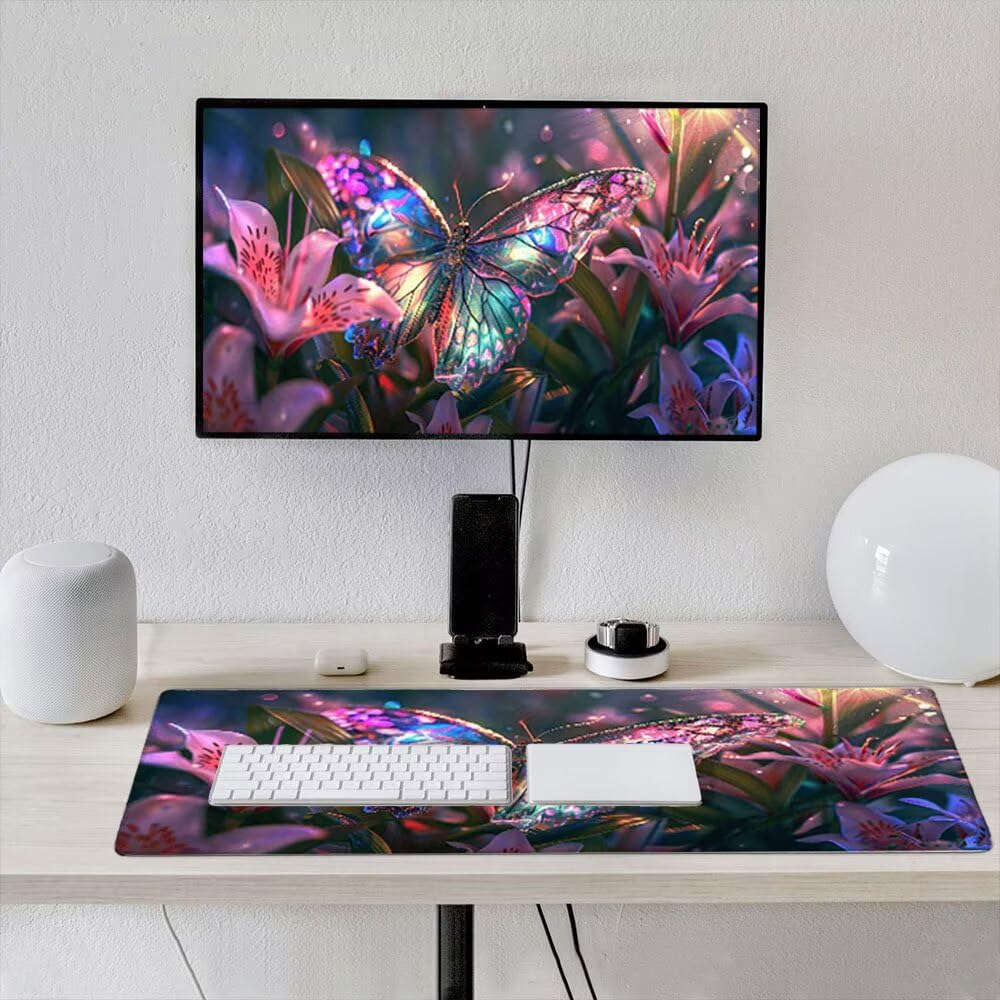 Podkładka pod mysz dla graczy, 1200 x 600 mm XXL podkładka pod mysz do gier duża, zmywalna klawiatura biurowa antypoślizgowa gumowa wodoodporna gumowa krawędź, gracz komputer PC, różowy motyl xR5-164