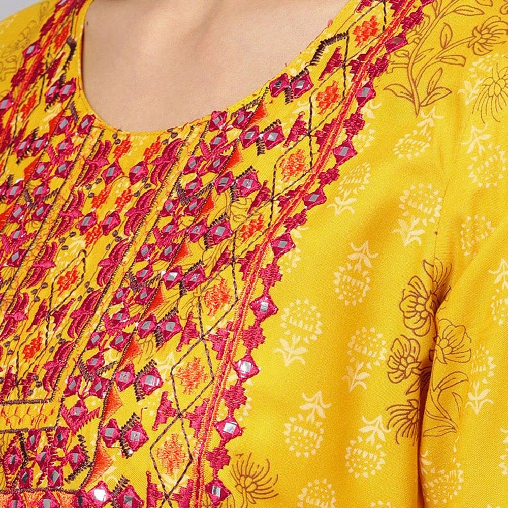 Anubhutee Women's Rayon Yellow Mirror Work Ethnic Motifs Embroidered Straight Kurta
