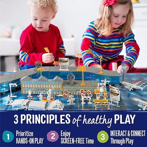 Miniatura 6 de Juego de 200 piezas de terminal de aeropuerto para niños, de lujo, aerolíneas, con aviones, vehículos, figuras, accesorios, tapete de juego