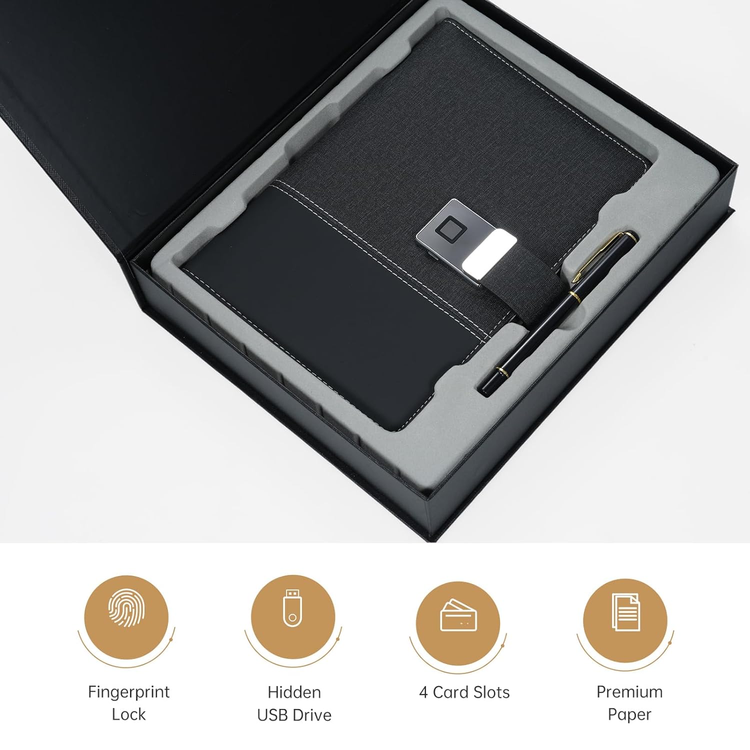 A5 Leather Notebook with Fingerprint Lock and 16GB High-Speed USB Drive Lined Journal Planner 100-Page 6-Ring Binder 4 Card Slots Perfect for Businessman Professionals Students Work Plan Schedule      Unknown Binding