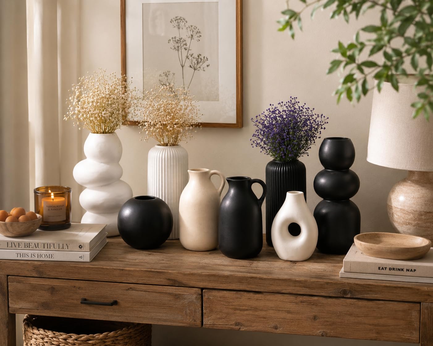 Set of 8 Modern Ceramic Vases for Home Decor – Black & White Minimalist Boho Vase Set, Decorative Pampas Grass Vases for Living Room, Table, Shelf & Office Styling-image-1
