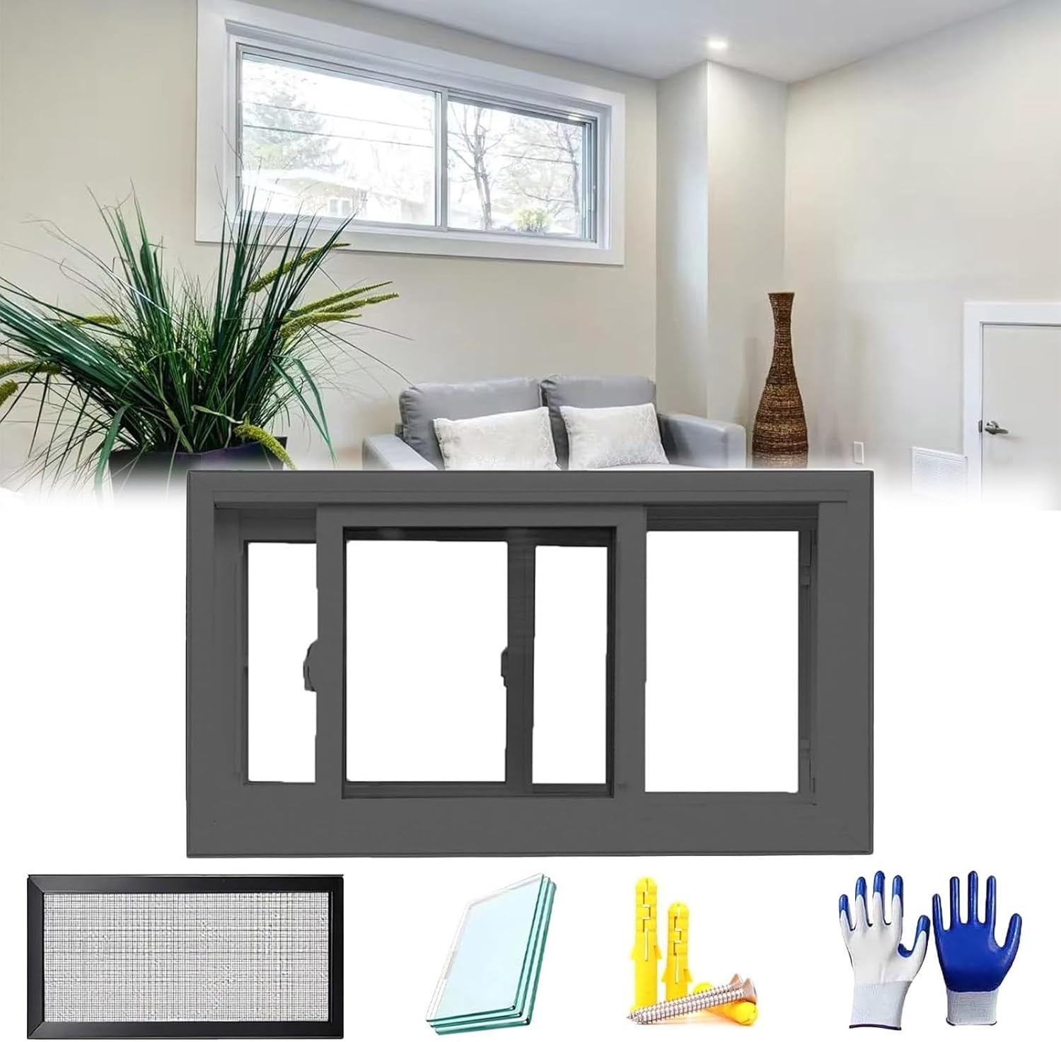 Basement Window, Basement Replacement Window with Tempered Glass and Removable Screen, 12-40In Custom Sizes, Basement Sliding Windows for Shed, Bathroom, House(Black,30 x 17in)