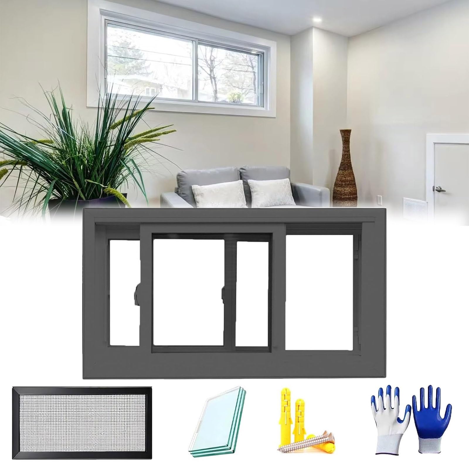 Ventana de repuesto para sótano con cristal templado y marco negro