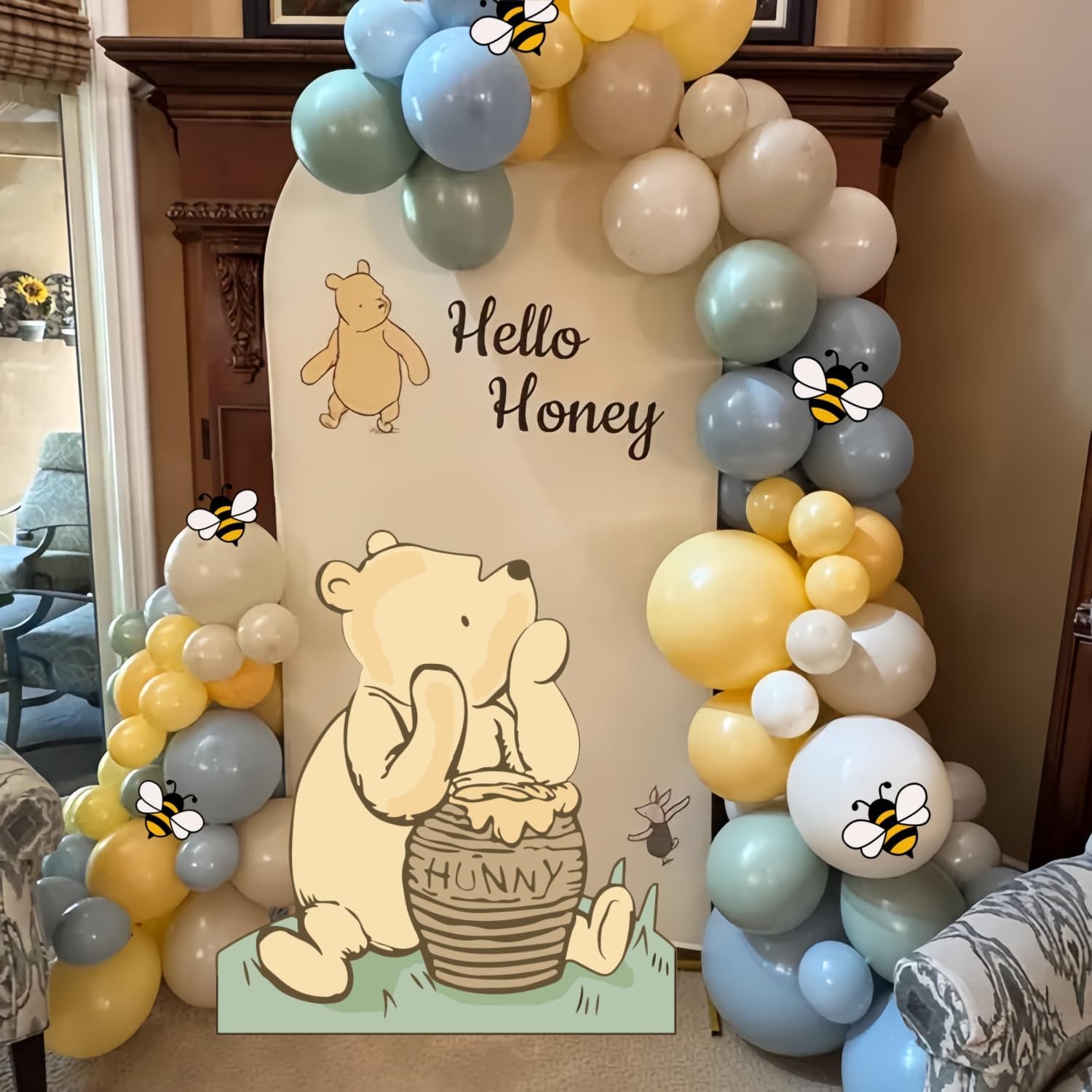 131PCS Classic Winnie Baby Shower Birthday Decorations Large Winnie Coroplast Cutout with Stand, Neutral Balloons Arch& Bee Stickers for Gender Reveal, First Birthday, Photo Props & Pooh Party