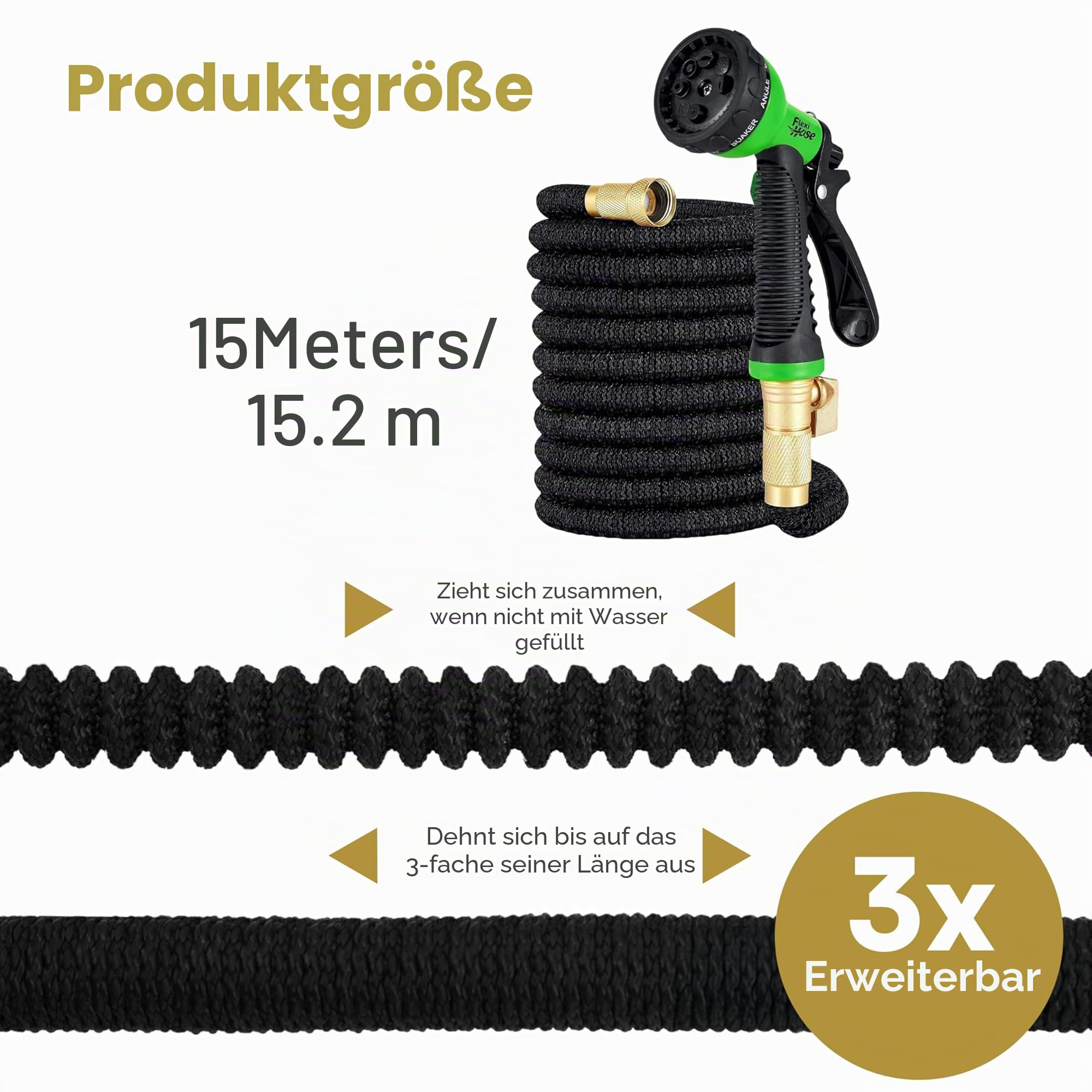 Flexi-Hose mit 8-Funktions-Düse, erweiterbarer Gartenschlauch, leichter und knickfreier flexibler Gartenschlauch, 3/4-Zoll-Armaturen aus massivem Messing und doppelter Latexkern, 50 Fuß, Schwarz
