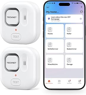 TECKNET 2PC Smart Wassermelder, WLAN Wassersensor mit kostenlosen Batterien, 120dB Einstellbarer Alarm & App-Benachrichtigung, IP67 kompakter Überschwemmungssensor für Küchen, Badezimmer (nur 2.4G)