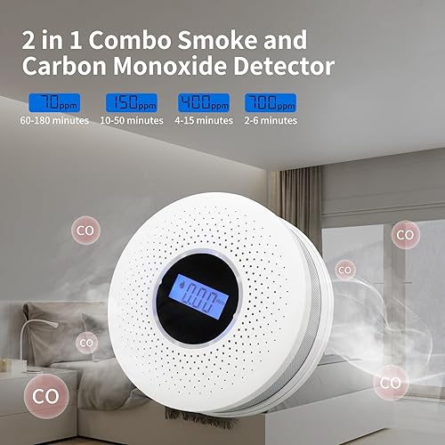 Miniatura 3 de Detector de humo y monóxido de carbono 2 en 1, detector de humo de CO con pantalla LCD y alarma de luz sonora para el hogar, garaje, oficina, RV