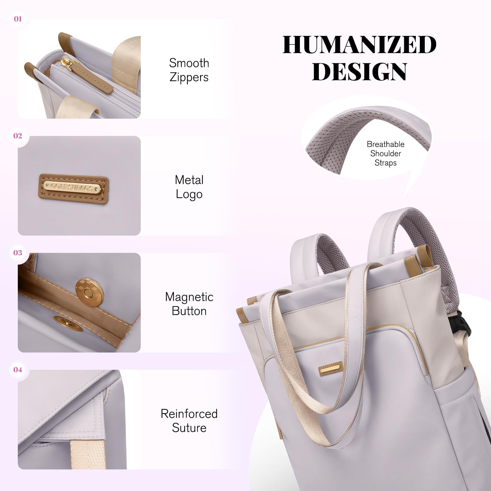 GOLF SUPAGS Mochila Convertible para Portátil de Mujer Bolsa de Viaje Informal para Portátil de Trabajo Universidad Ocio Viaje(Taro Morado & Blanco)