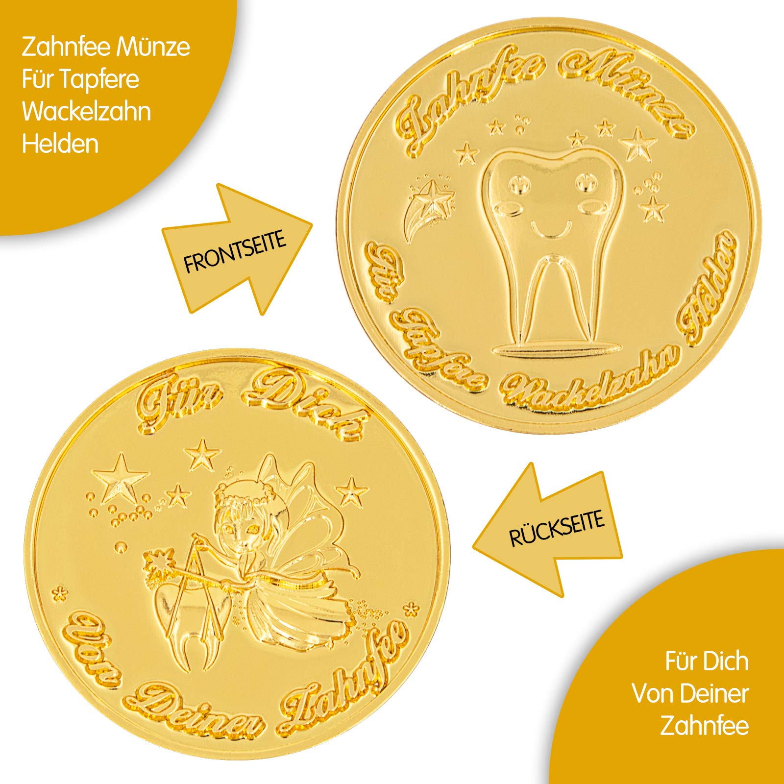 ZWEN Zahnfee Münzen gold 10 Stk - Zahnfee Geschenke für Mädchen + Jungen | Zahnfee Münzen + gratis E-Book mit 20 Zahnfee Geschichten für alle Milchzähne - Süße Münze als Zahnfee Geschenk