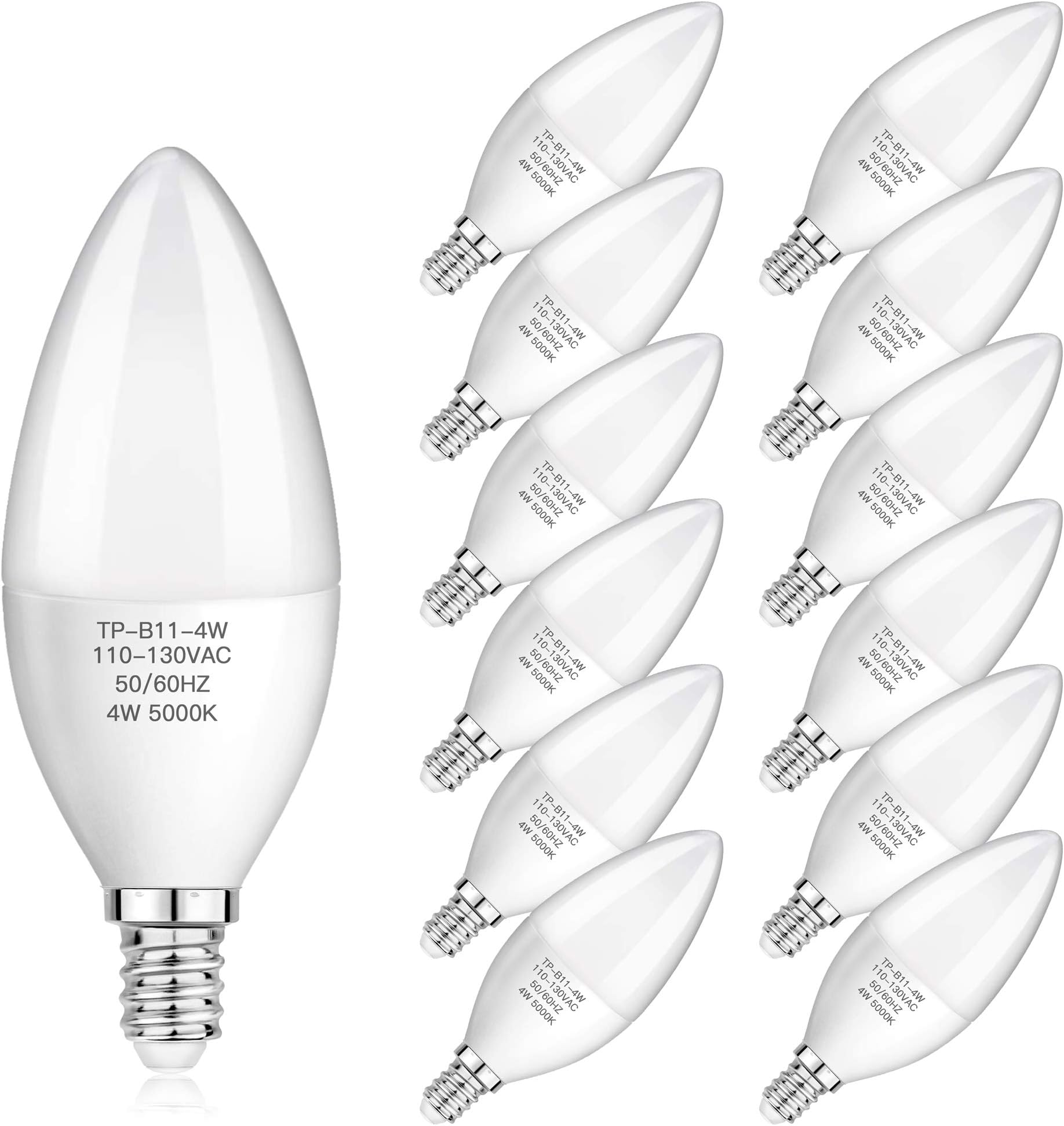 E12 Candelabra LED Light Bulbs 40W Equivalent, B11 Decorative Candle LED Light Bulbs with Chandelier Base, 5000K Daylight White, CRI 80+, 400 Lumens, 25000+ Hours Lifespan, Non-Dimmable, Pack of 12