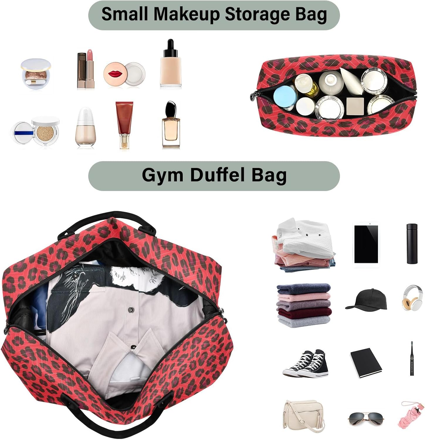 Travel Duffle Bag, Red Leopard Print Cheetah Gym Bag with Storage Bag Weekender Overnight Bag for Men Women Trip Sports Yoga