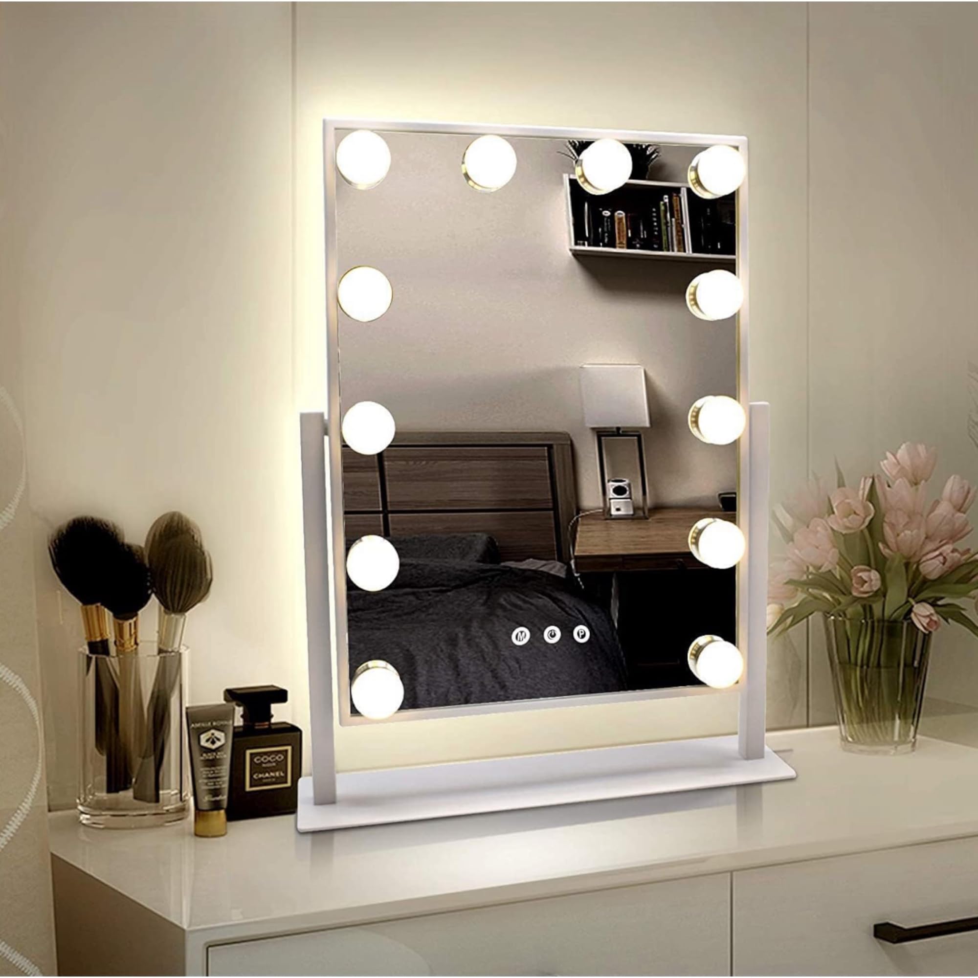 Espejo de Maquillaje con Iluminación LED, 15 Bombillas, 3 Modos de Luz, Control Táctil, USB Recargable, Aumento