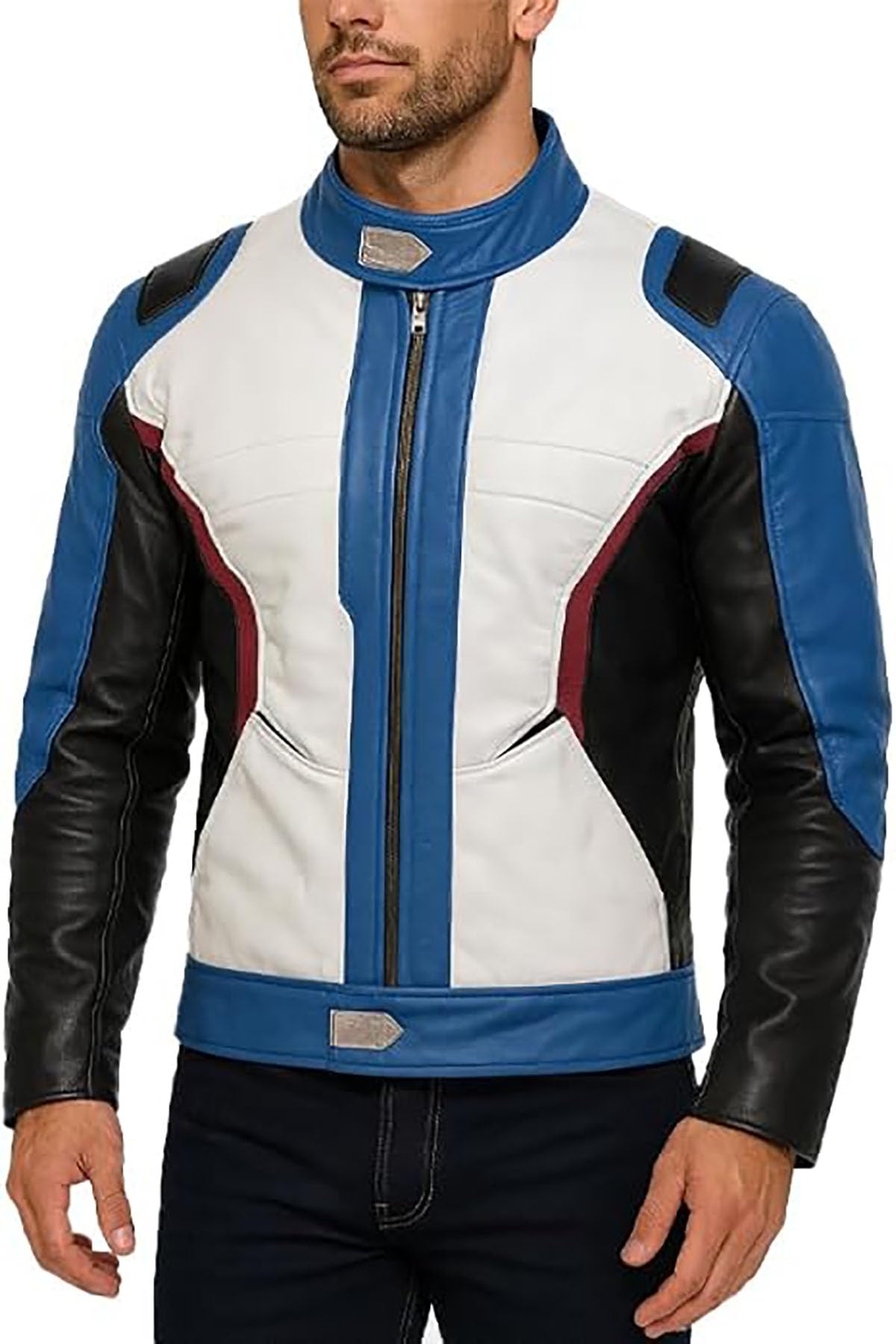 Giacca da moto in similpelle blu da uomo, vestibilità elegante