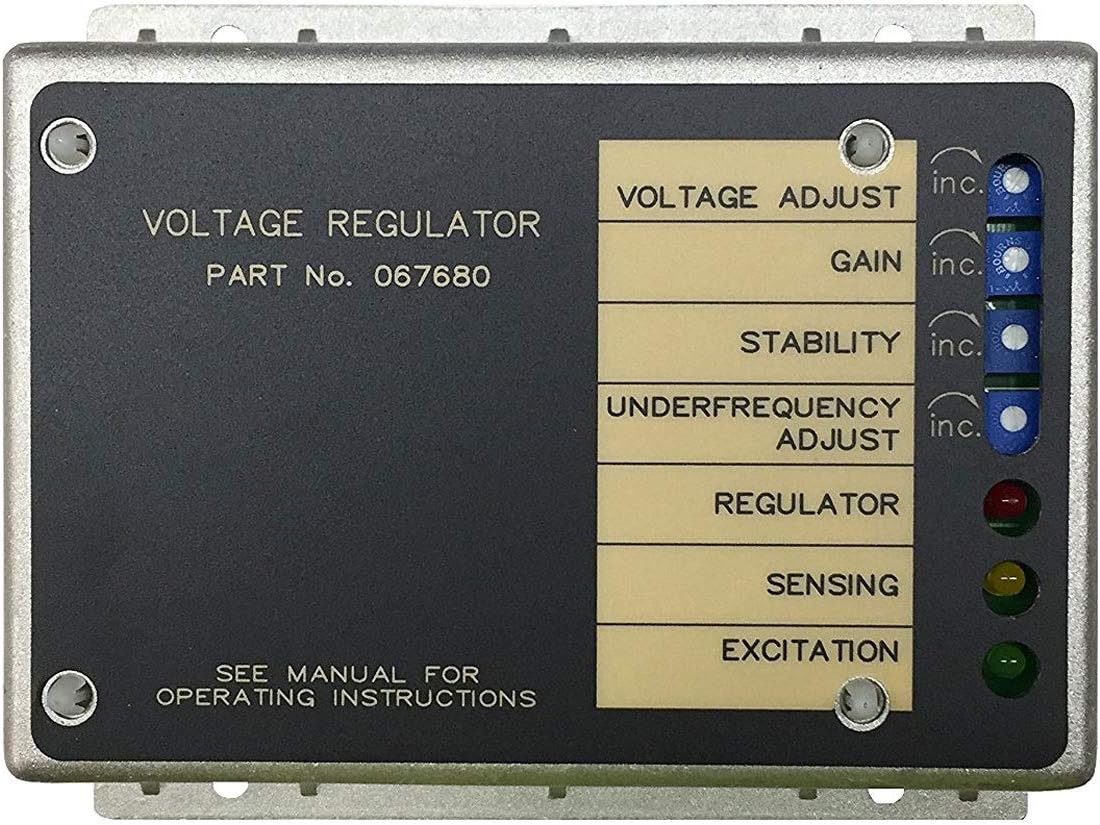 Front view of Generac 0676800SRV Voltage Regulator with labels