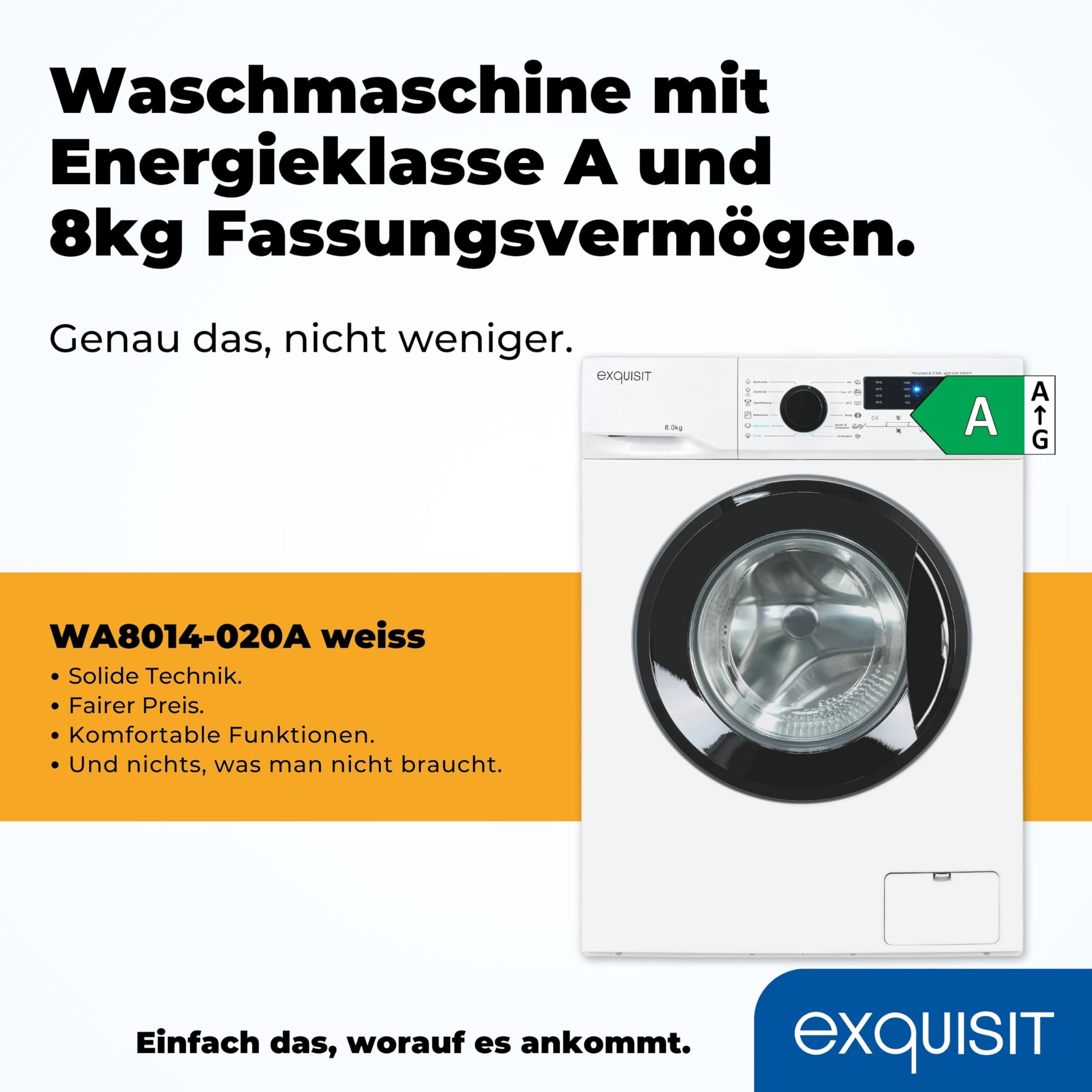 Exquisit Waschmaschine WA8014-020A Weiss - 8 kg - Energieklasse A | 1400 U/min Schleuderdrehzahl - 12 Programme - Startzeitvorwahl - Trommelreinigung - Sicherer Betrieb mit Kindersicherung