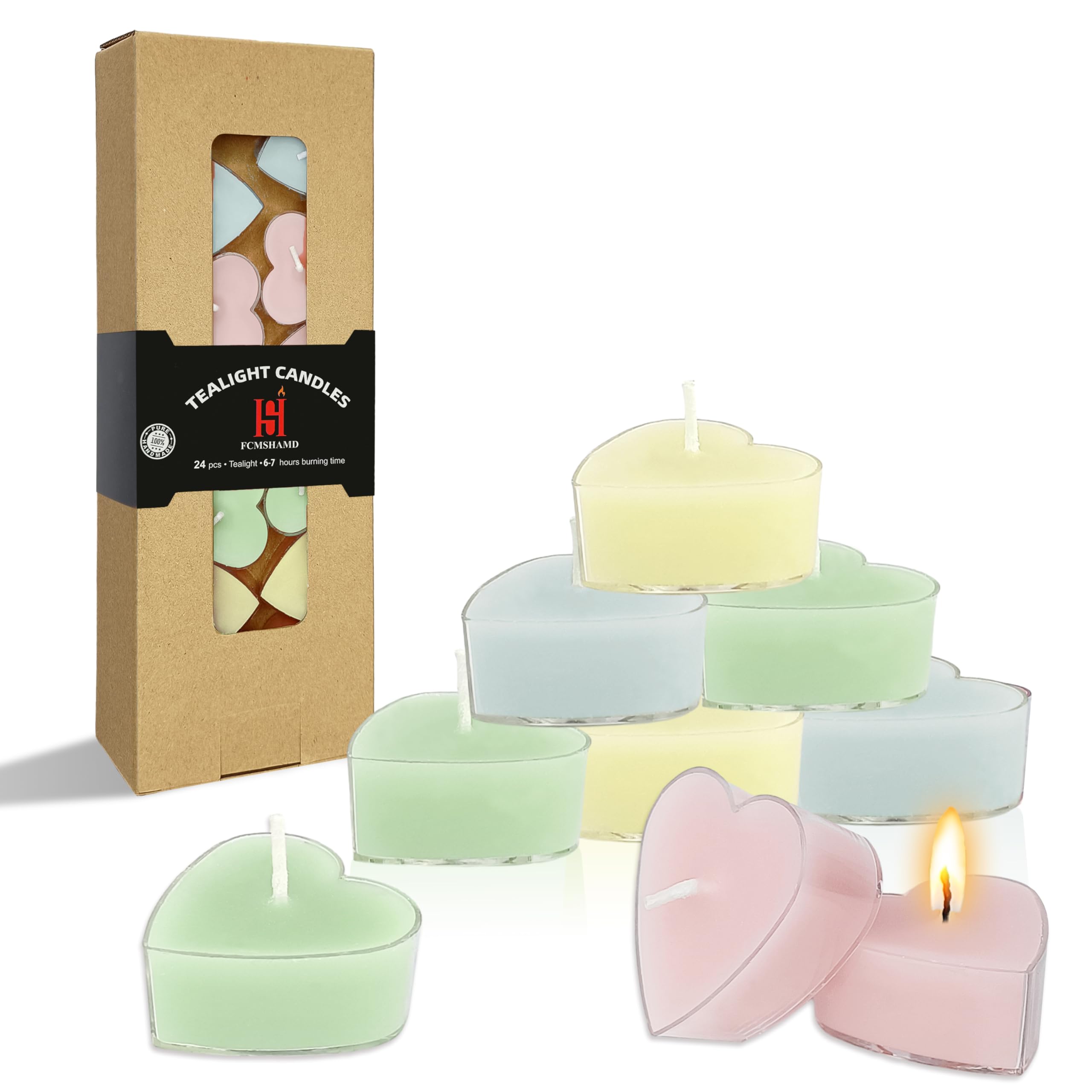 Scented Heart Tealight Candles, Pastel Candy Color Scent Tea Lights Candles Clear Cup, 24 Pack Colored Tealights Candle, 4 Hour Burn Time Candles for