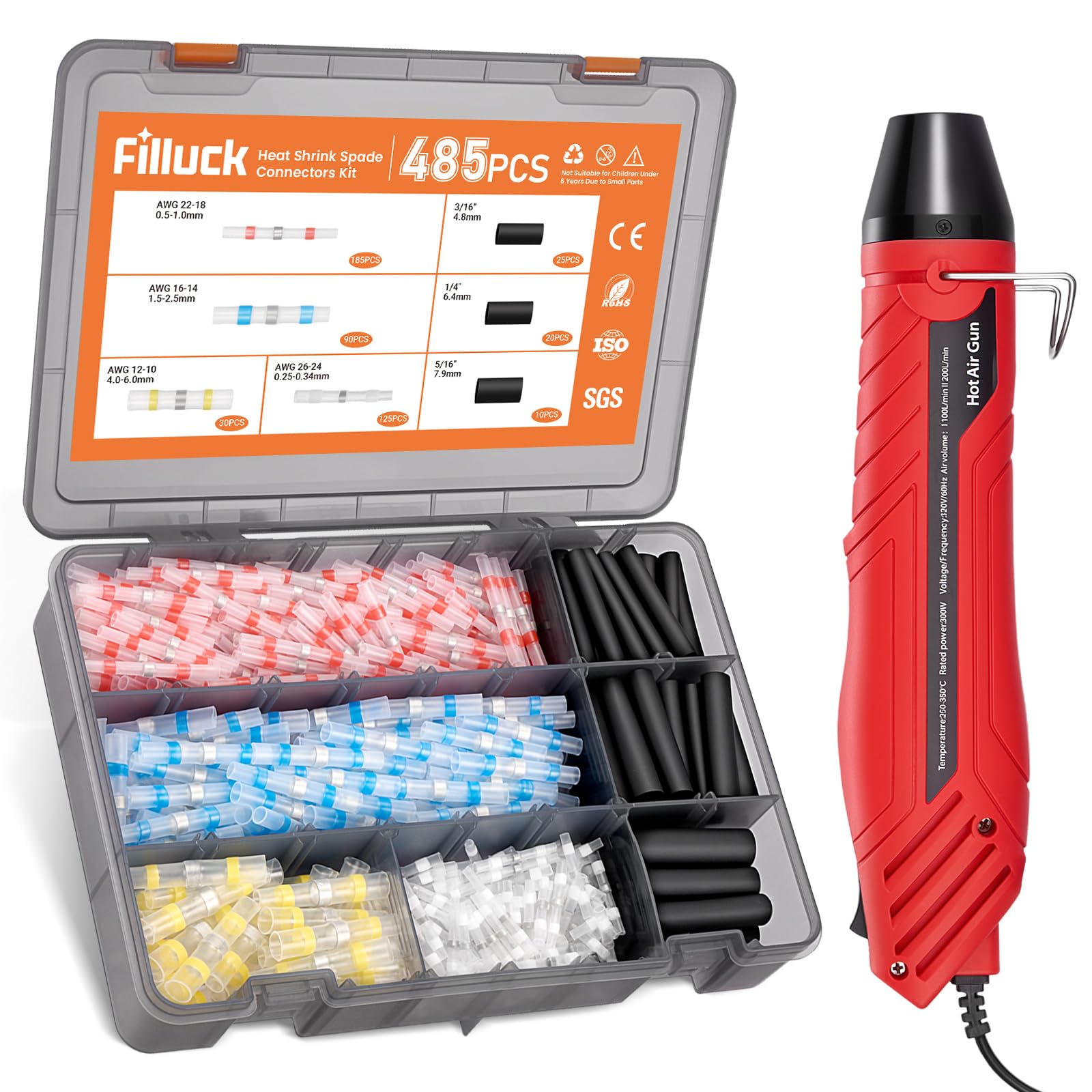 485 conectores de alambre de sellado de soldadura con kit de pistola de calor, pelacables 3 en 1, impermeable, grado marino, termorretráctil, surtido de terminales eléctricos para reparación