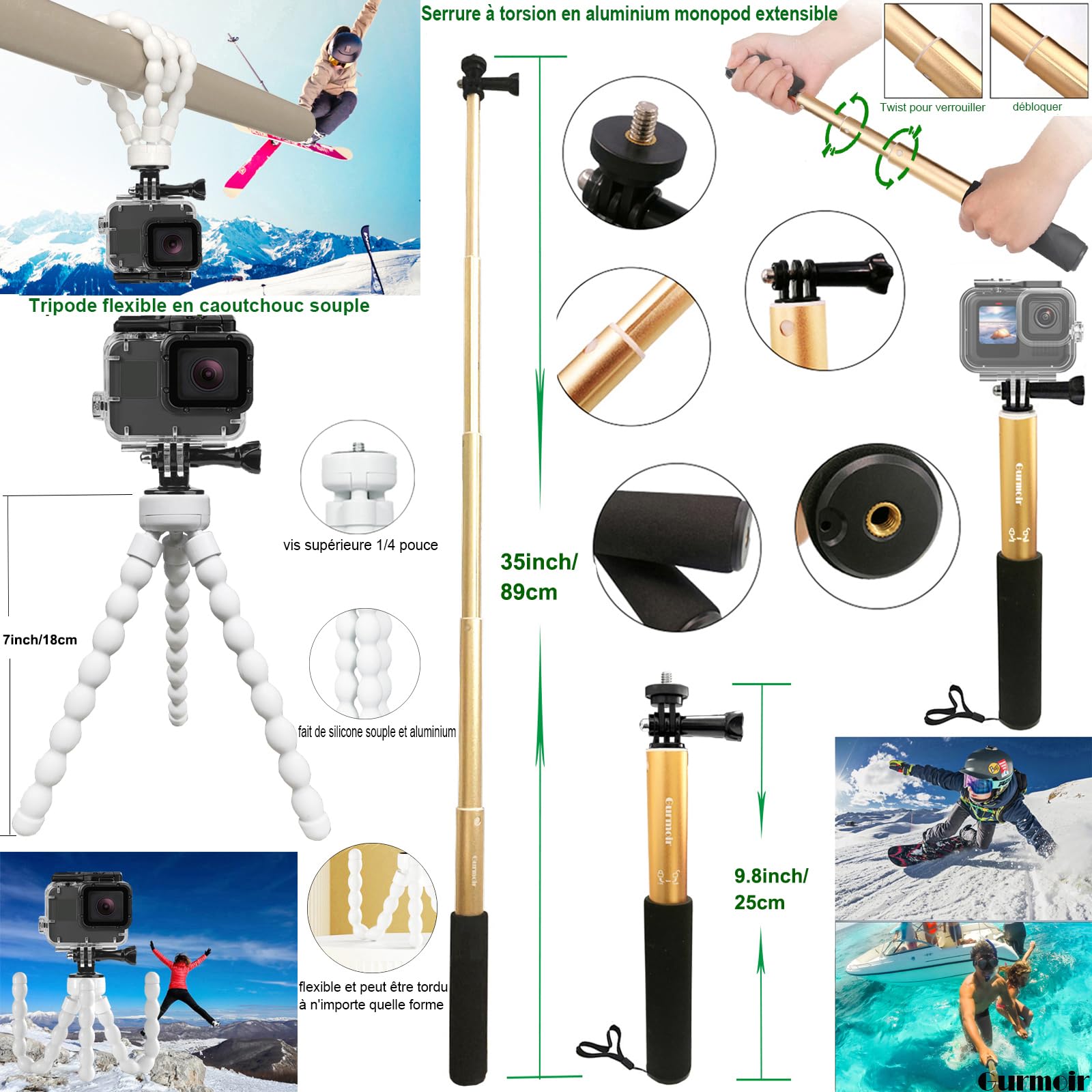 Kit d'accessoires pour Gopro Hero 13 12 11 10 9 Caméra, Kit d'accessoires avec Boîtier étanche Ceinture de Sac à Dos Montage de Guidon de vélo Paquet pour Gopro 13 12 11 10 9 Caméra(DT16)