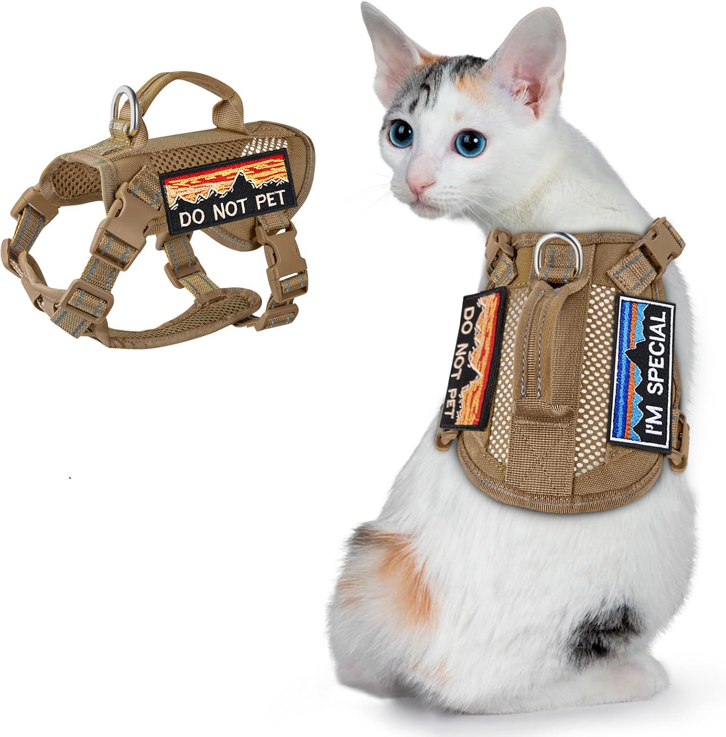 Large Tactical Cat Harness, Breathable Mesh Cat Walking Harness for Adult Fat Cats with Handle & Patches, Adjustable Reflective Cat Vest Easy to Control