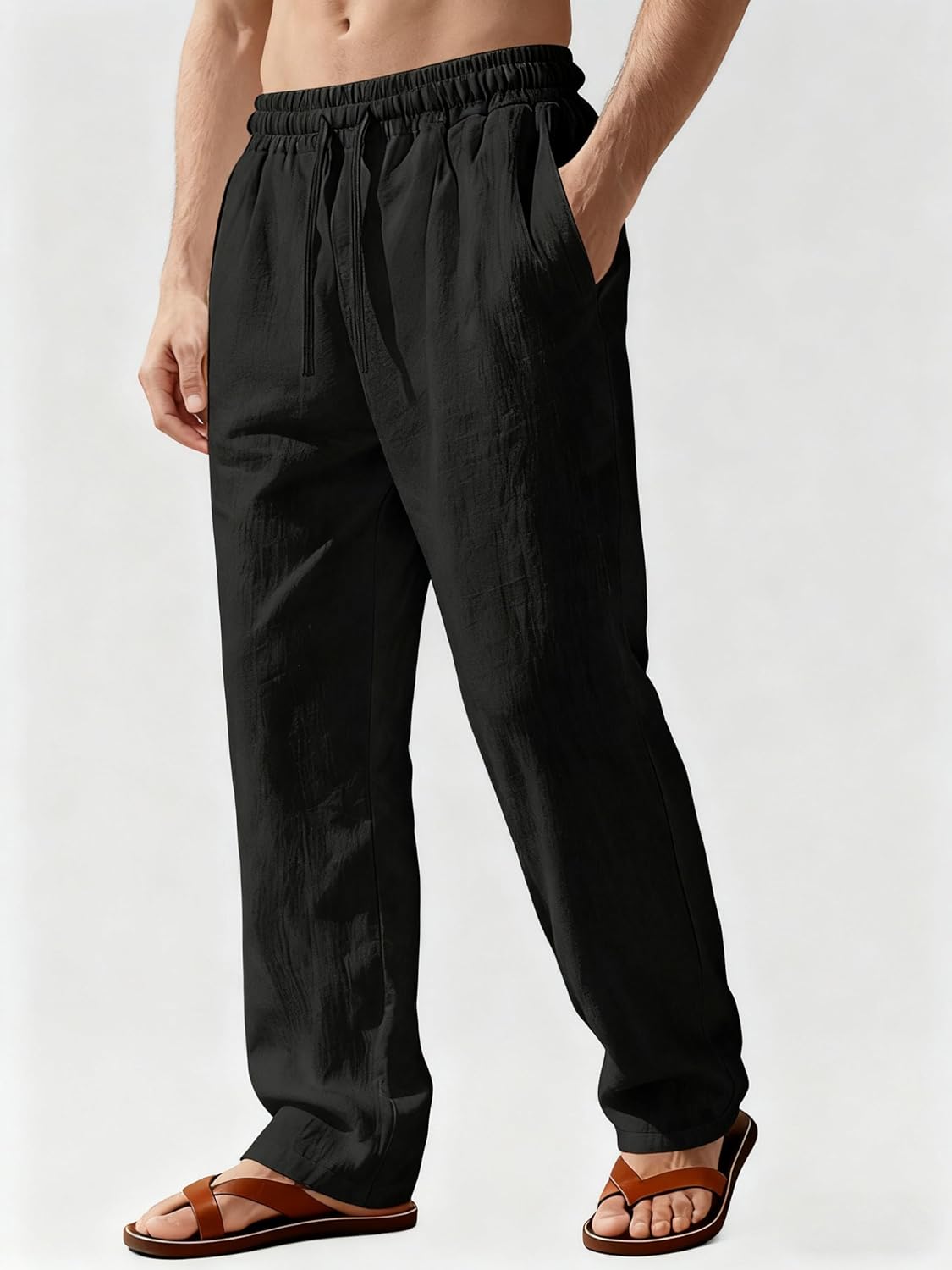 Men's Casual Linen Pants Loose Fit Drawstring Waist Lightweight Men Linen Summer Beach Long Pants Yoga Black - Image 3