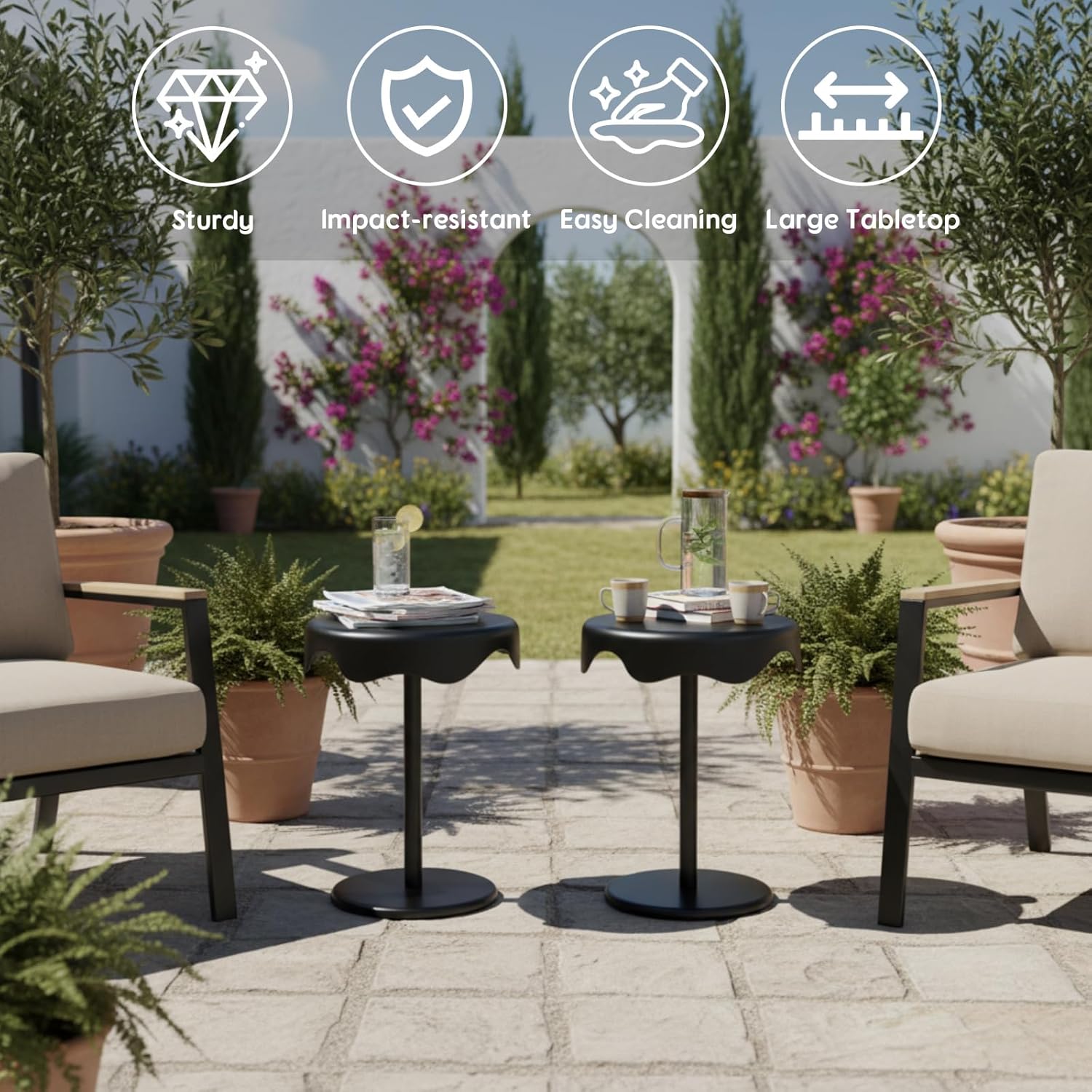 Geelin 2 Pcs Outdoor Side Table 16.5 Inch Black Round Plastic End Table Removable Weatherproof Modern Desk for Outside Patio Snacks Home Office Backyard Pool