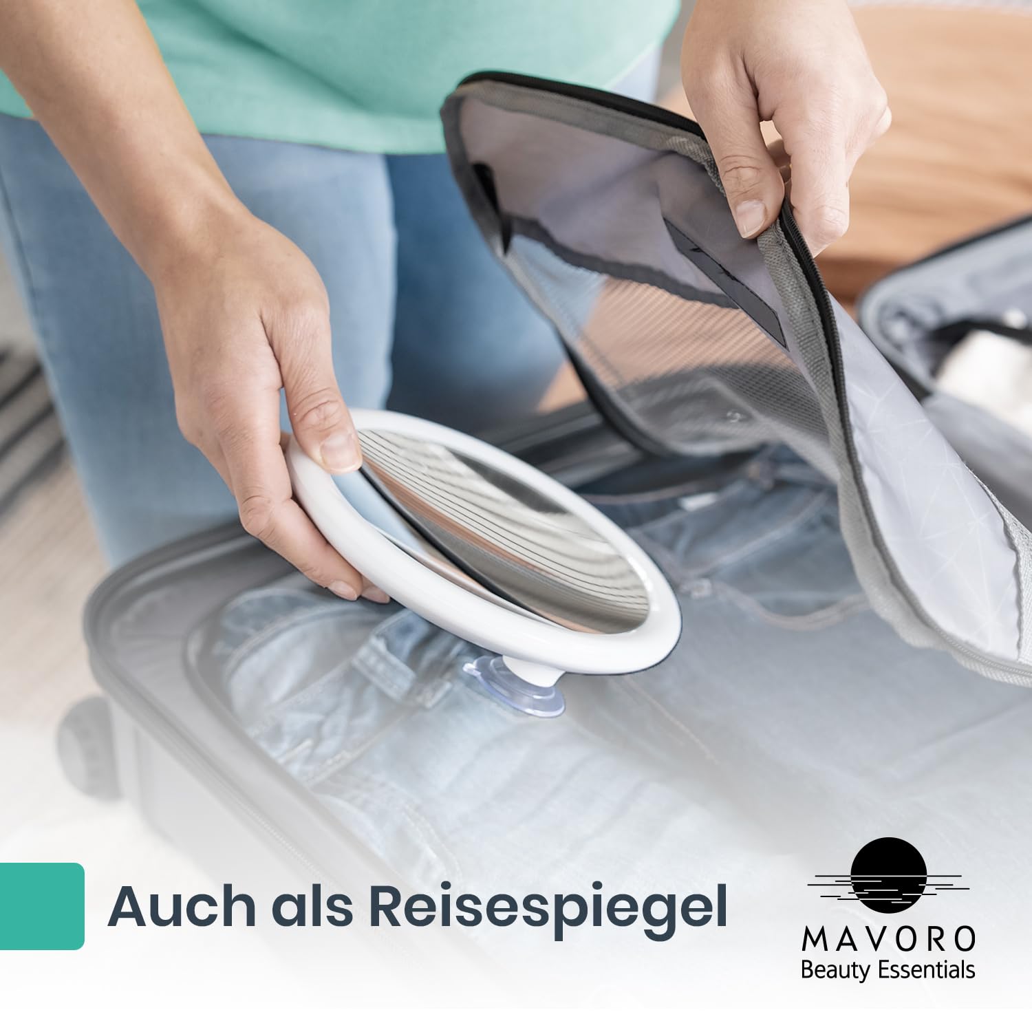 Mavoro 17cm LED Vergrößerungsspiegel mit 3 starken Saugnäpfen | 5X Vergrößerung | Tragbarer beleuchteter Reise Make-up- & Kosmetikspiegel (USB-C wiederaufladbarer integrierter Akku | 5X)