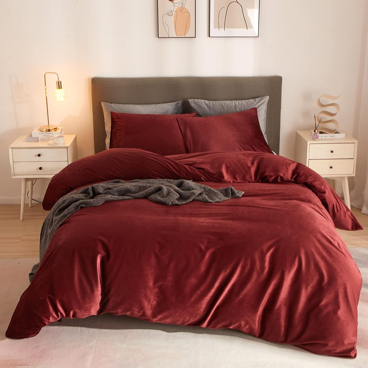 HYBD Velvet Duvet Cover Set King Size Wine Red Velvet