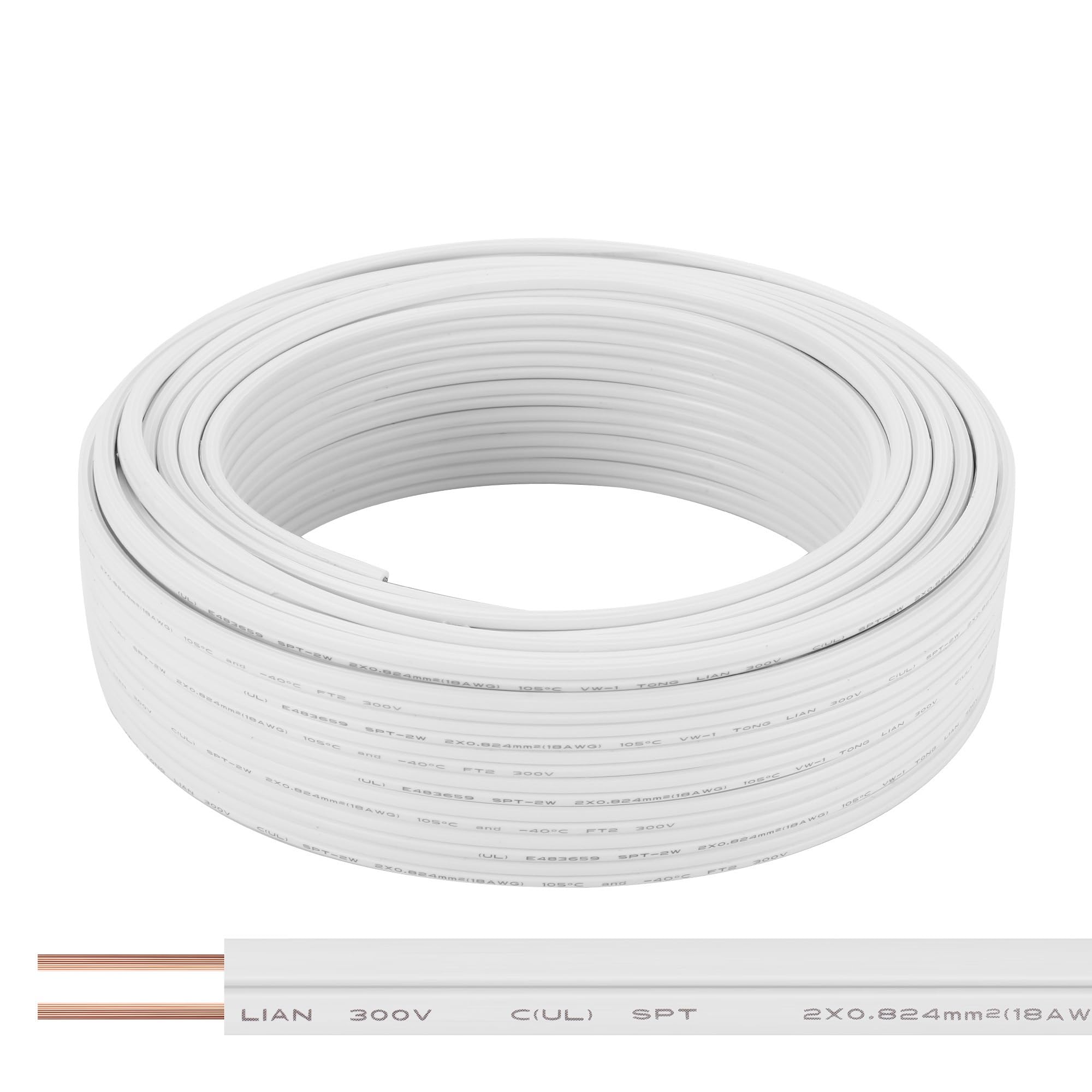 SPTDACSFP SPT-2 100FT 18/2 Electrical Wire, 18 Gauge 2 Conductors Lighting Copper Wire, Hookup LED Lighting Strips Flexible Wire Extension Cord, White