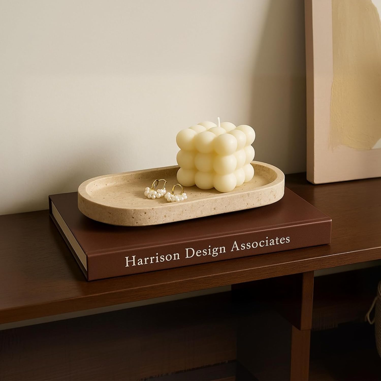 WORHE Italy Natural Travertine Stone Tray for Jewelry, Candles, Perfume, Trinket, Marble Oval Vanity Trays for Bathroom, Dresser, Kitchen, Countertop Storage Organizer for Home Decor Beige (WH028) - Image 2